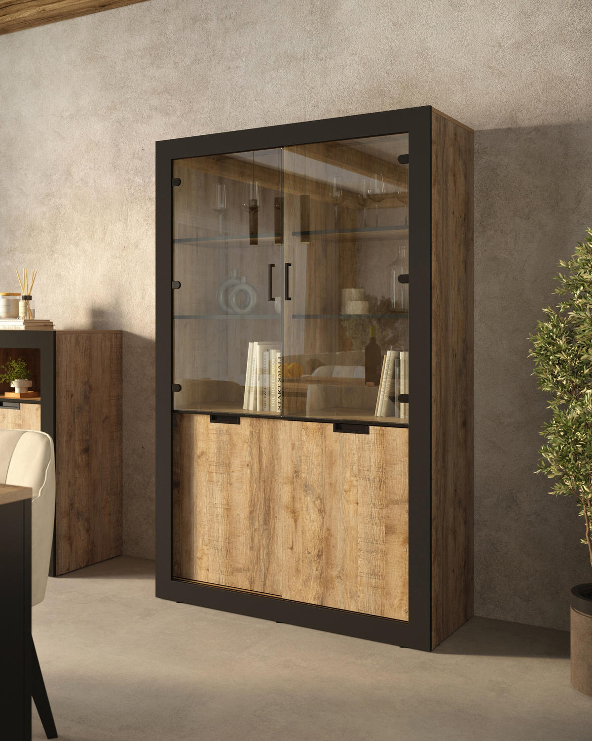 VITRINE DAVOR 187 / 120 cm in Eichefarben - Eichefarben/Schwarz, Holzwerkstoff (120/187/45cm) - MASSENO