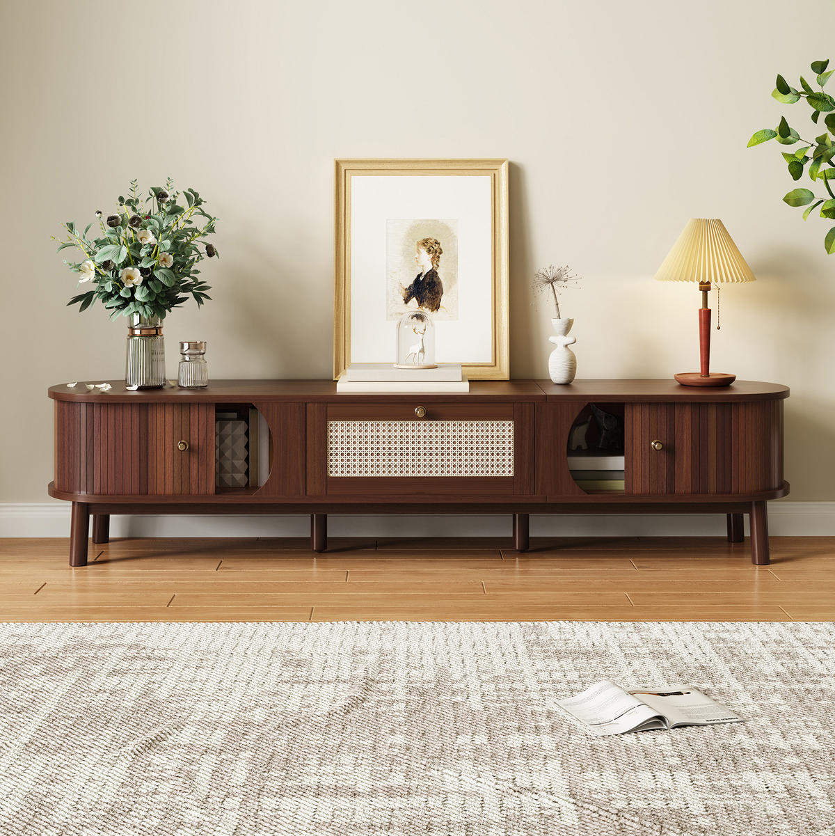 TV-LOWBOARD 170/39,5/38 cm mit Rattanschubladen und Schiebetür - Eichefarben, Holzwerkstoff (170/38/39.5cm) - BEAOK