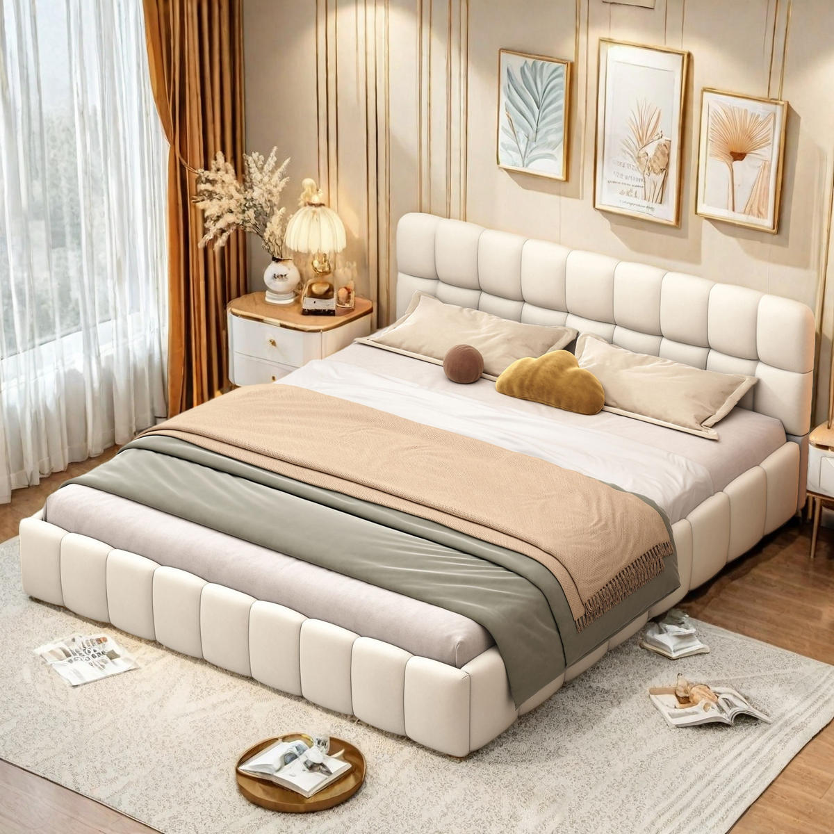 POLSTERBETT 140 x 190 cm, Bubble-Bett, mit gepolstertem Kopfteil, Lattenrost, beige, Leinenstoff. - Beige, Holz (140/200cm) - WoodenAura