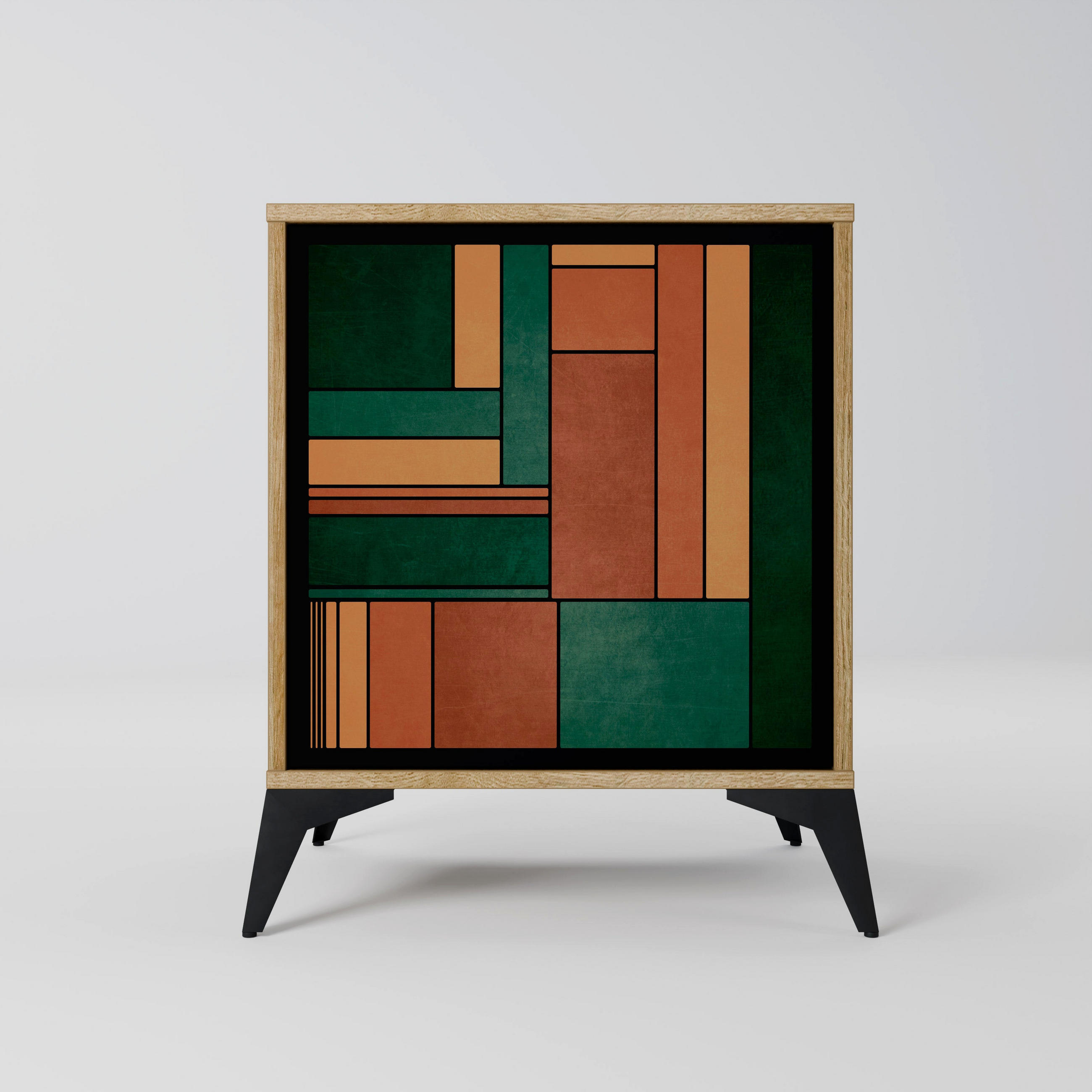 SIDEBOARD EARTHY FIGURES, Eichefarben, 57,5x42x70,5 cm, Schwarze Metall-Sternfüße - Eichefarben/Multicolor, Holzwerkstoff/Metall (57.5/70.5/42cm) - SpaceRebels