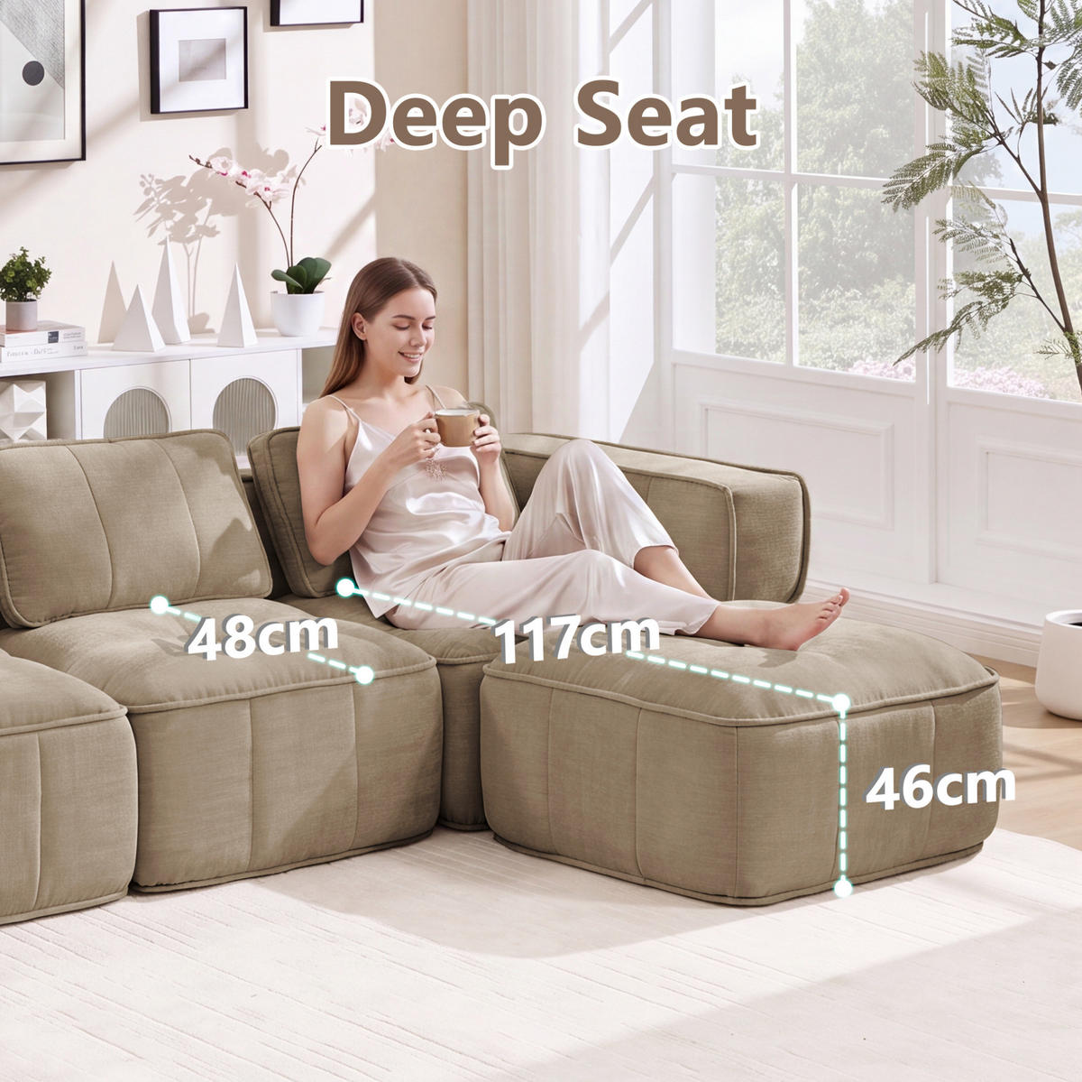 ECKSOFA 344/162/67 cm in Sand mit Hocker und rahmenlosem Design - Sandfarben, Kunststoff (162/344cm) - Flora Grace