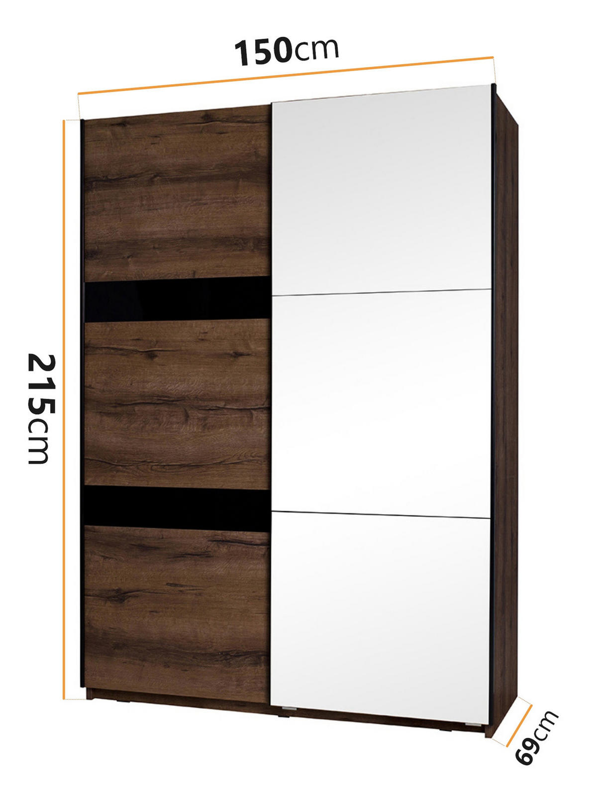 SCHWEBETÜRENSCHRANK Martin 150/215/69 2-türig mit Spiegel - Schwarz/Braun, Glas/Holzwerkstoff (150/215/69cm) - Ravio