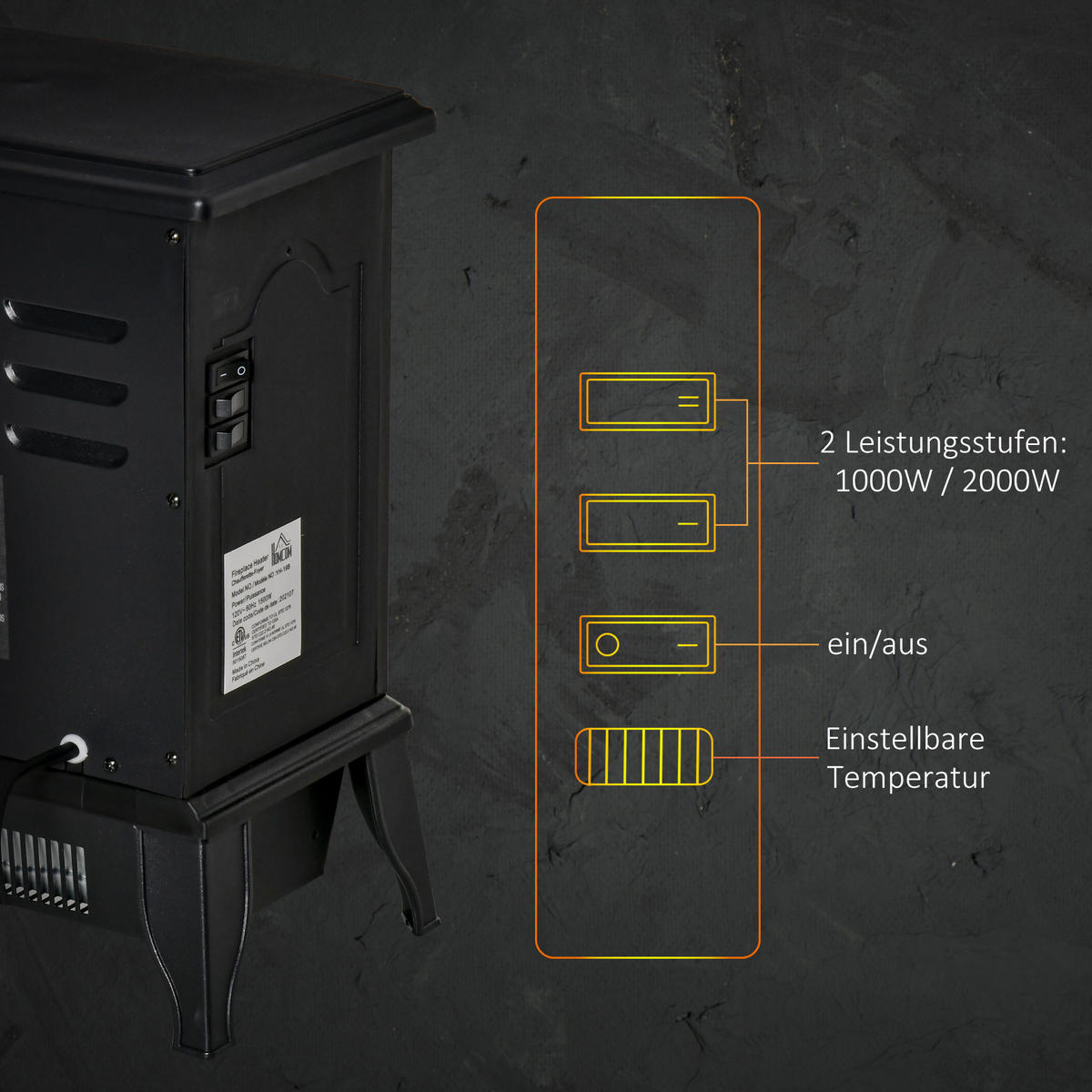 ELEKTROKAMIN, Standkamin mit LED-Flammeneffekt, 2000W Kaminofen, Metall, Schwarz - Schwarz, Kunststoff (24/45.5/36.5cm) - HOMCOM