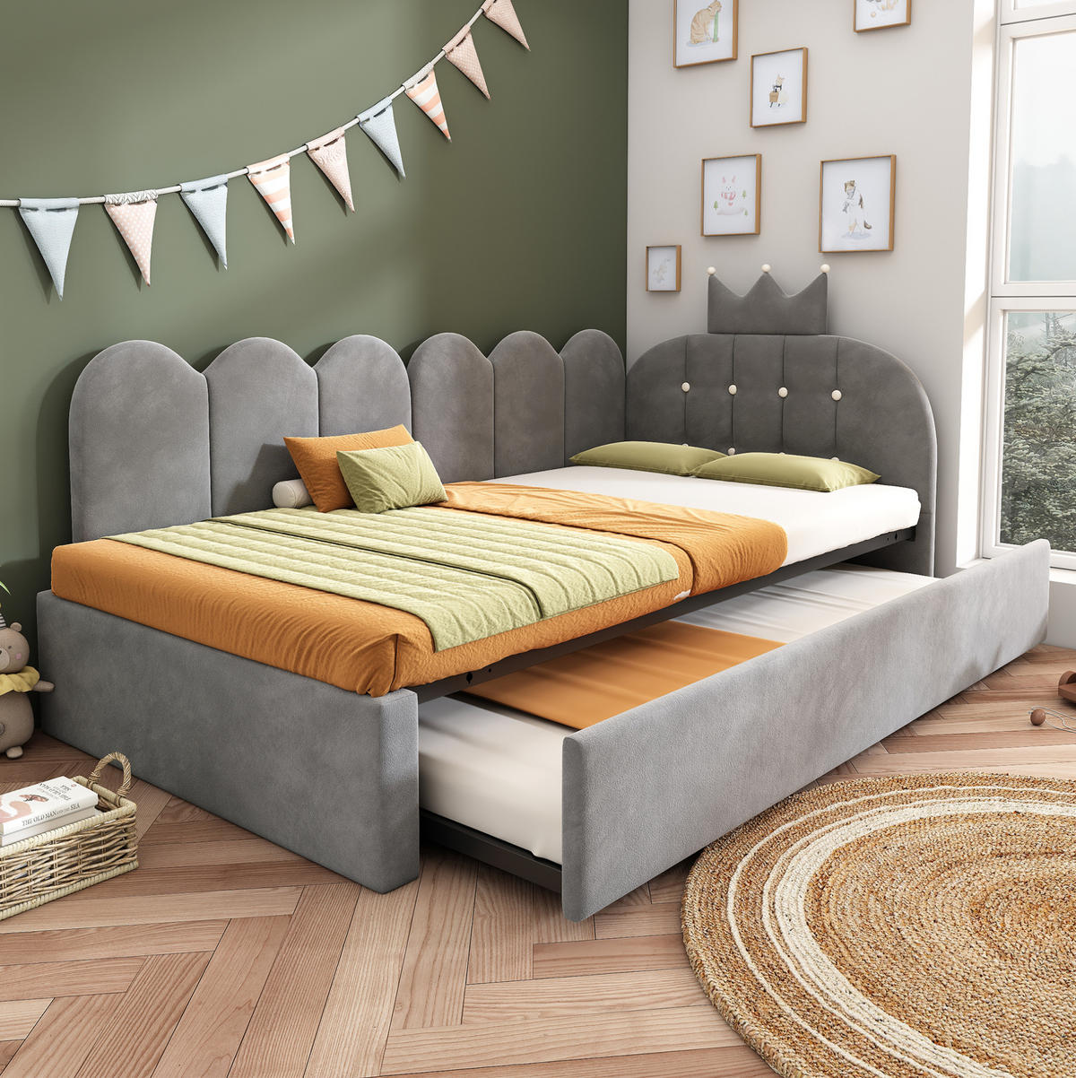 KINDERBETT Polsterbett 203/98/95 cm aus Samt mit Ausziehbett Grau - Grau, Textil (90/200cm) - Modenvie