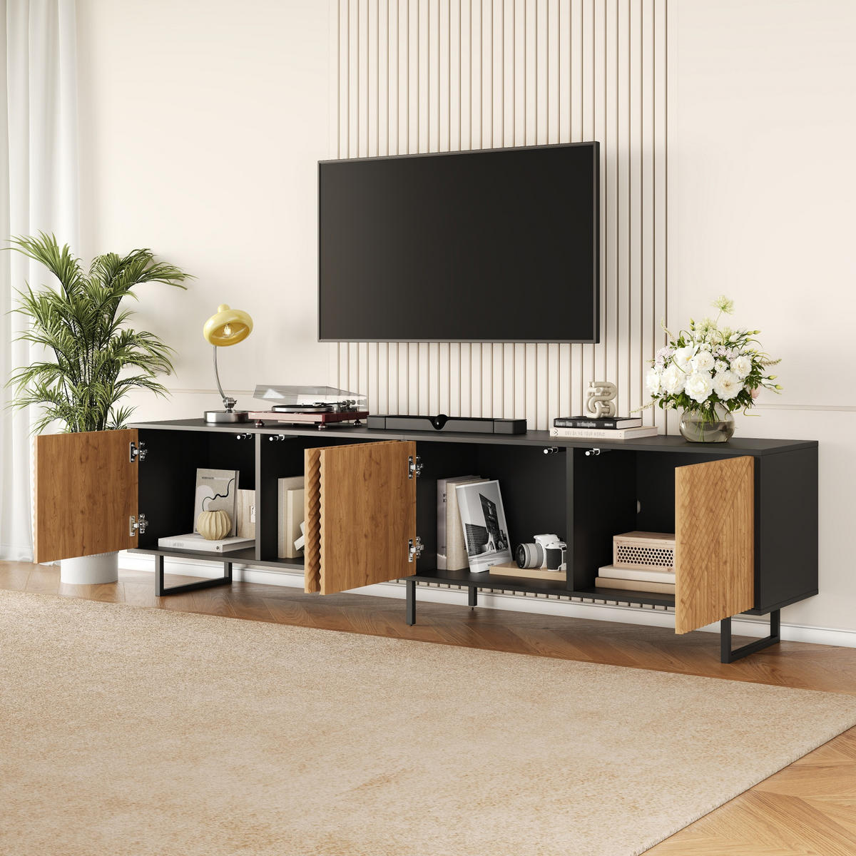 TV-LOWBOARD 180x40x50 cm Holz Schwarz 4 Türen Stauraum - Naturfarben, Holzwerkstoff (40/50/180cm) - FLIEKS