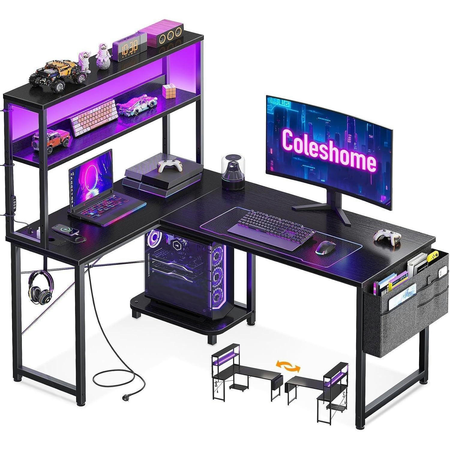 GAMING Tisch L-Form mit LED und Steckdosen 110 x 80 cm Schwarz - Schwarz, Holzwerkstoff (80/110/75.6cm)