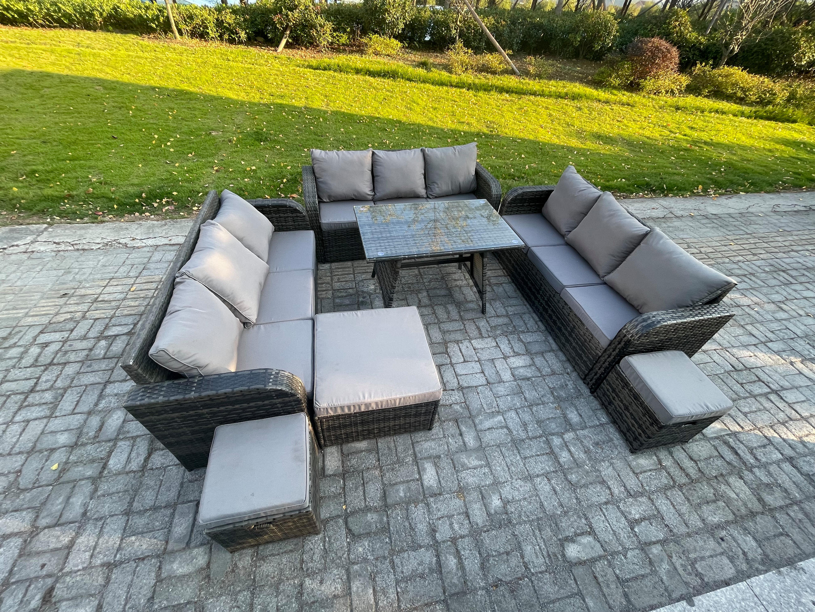 GARTENMÖBELSET mit ESSTISCH, 3-SITZER SOFA Polyrattan 12-Sitzer - Dunkelgrau/Grau, Glas/Kunststoff - Fimous