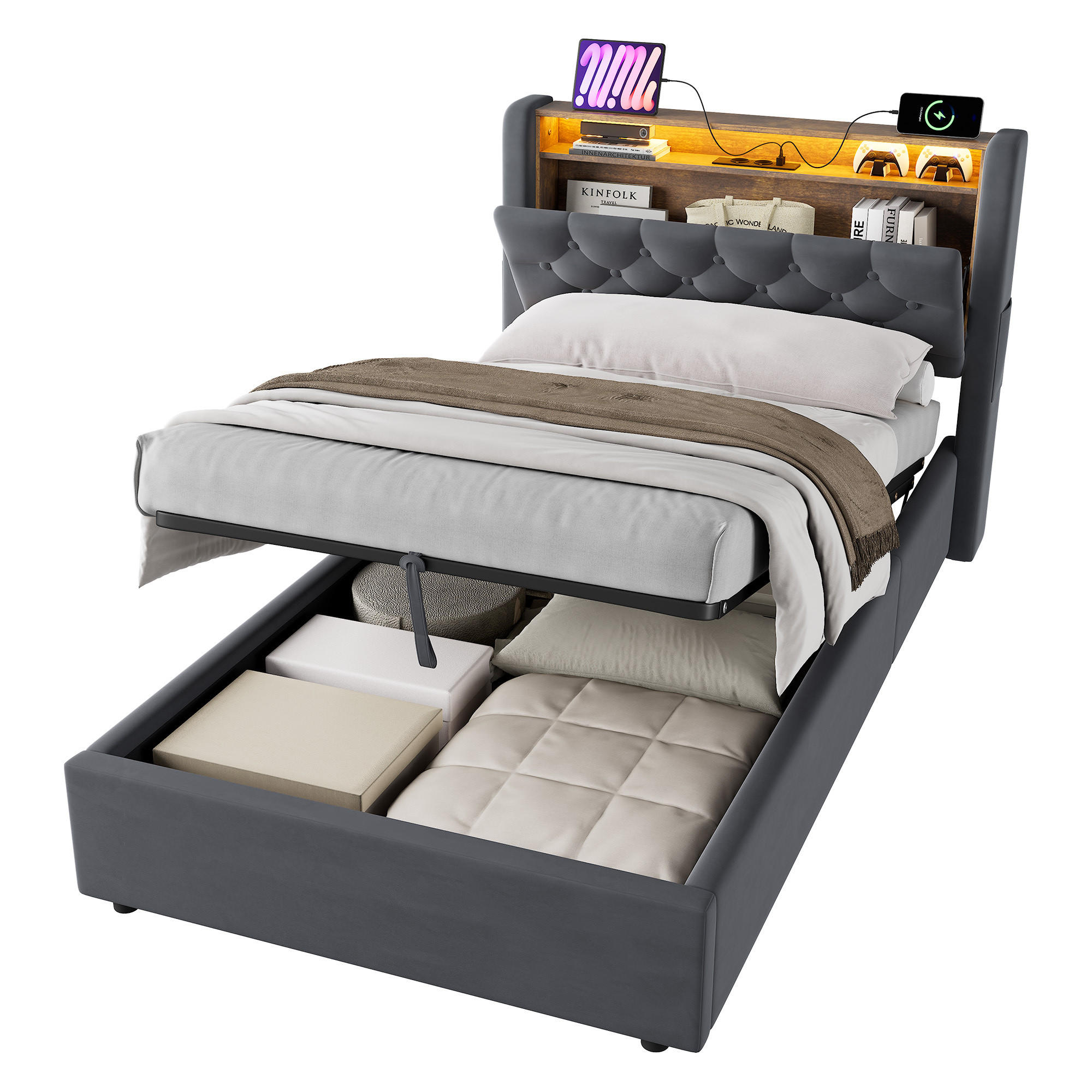 POLSTERBETT 90/200 cm in Dunkelgrau Samt mit Bettkasten, LED-Beleuchtung und USB-Anschluss - Dunkelgrau, Holzwerkstoff/Textil (90/200cm) - CHICFURN