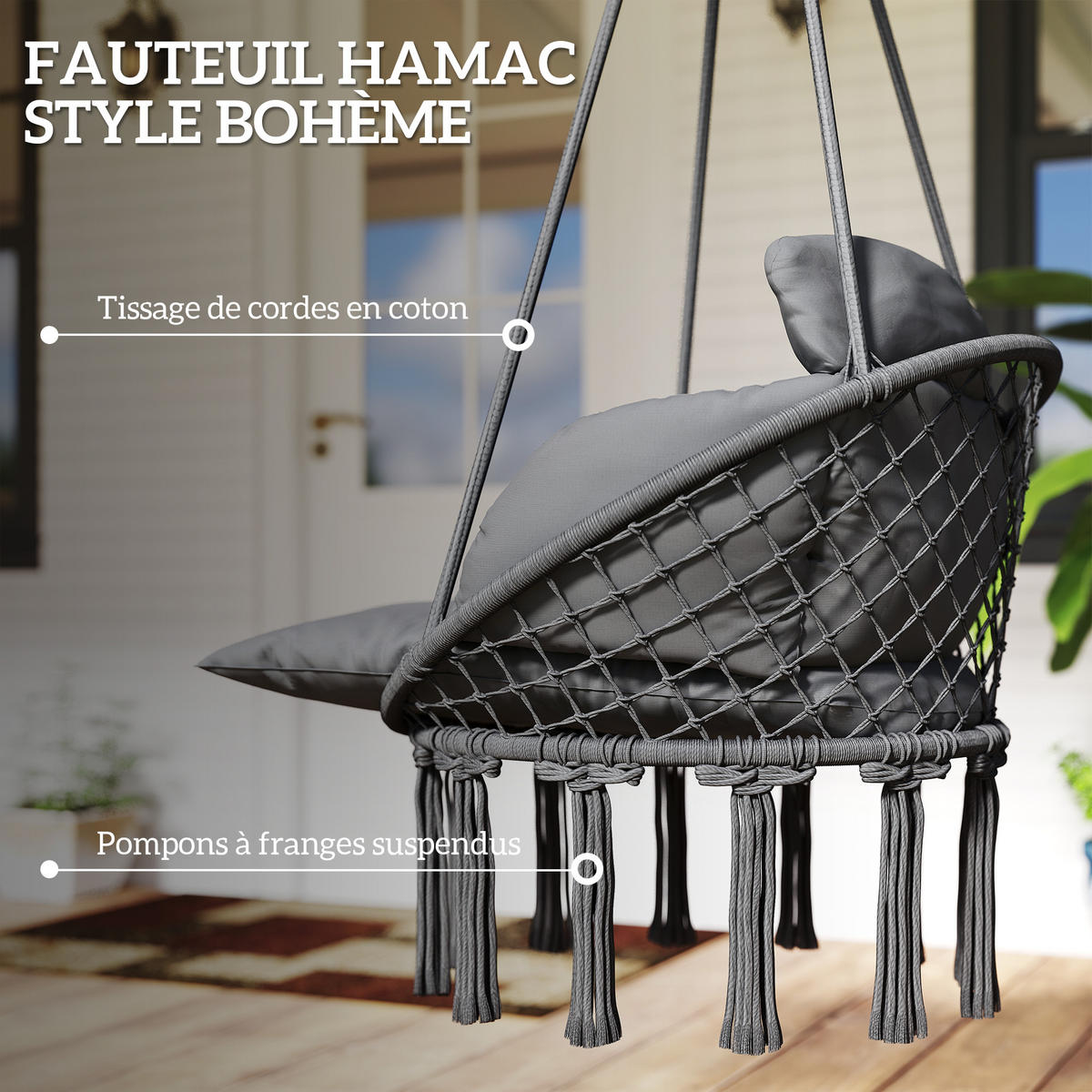 HÄNGESESSEL DE-15321 80/60/40 cm mit Polster und Fransen Dunkelgrau - Dunkelgrau, Metall (60/40/80cm) - ComfortXL
