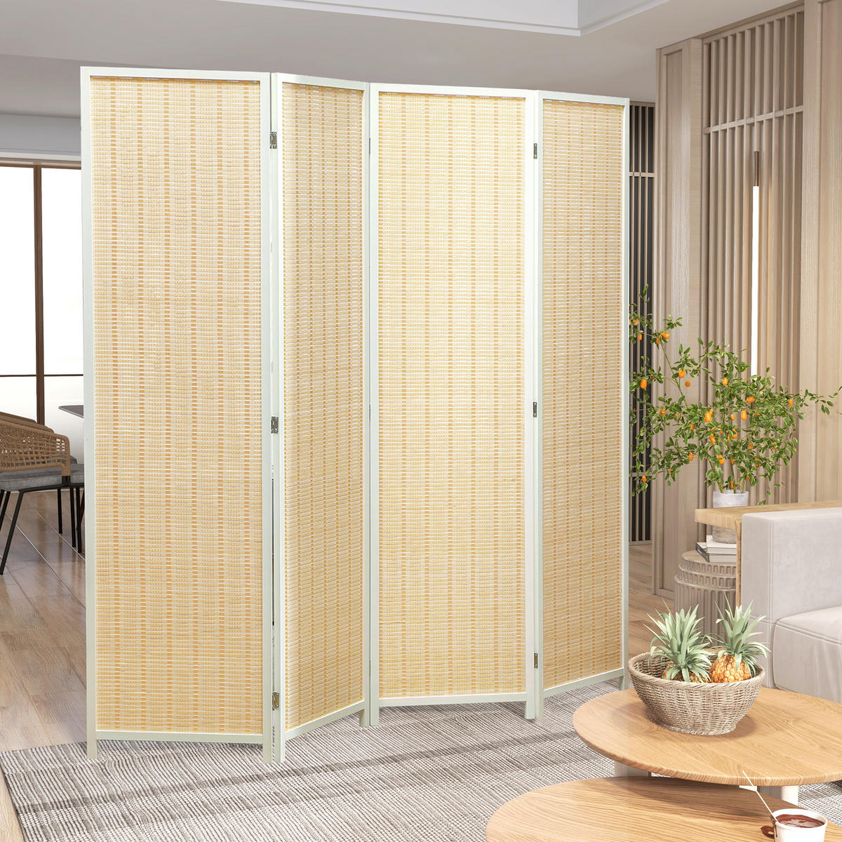 PARAVENT DE-14278 4-teilig, 180x180 cm, Faltbar Naturholz - Weiß, Naturmaterialen (180/180/1.7cm) - ComfortXL