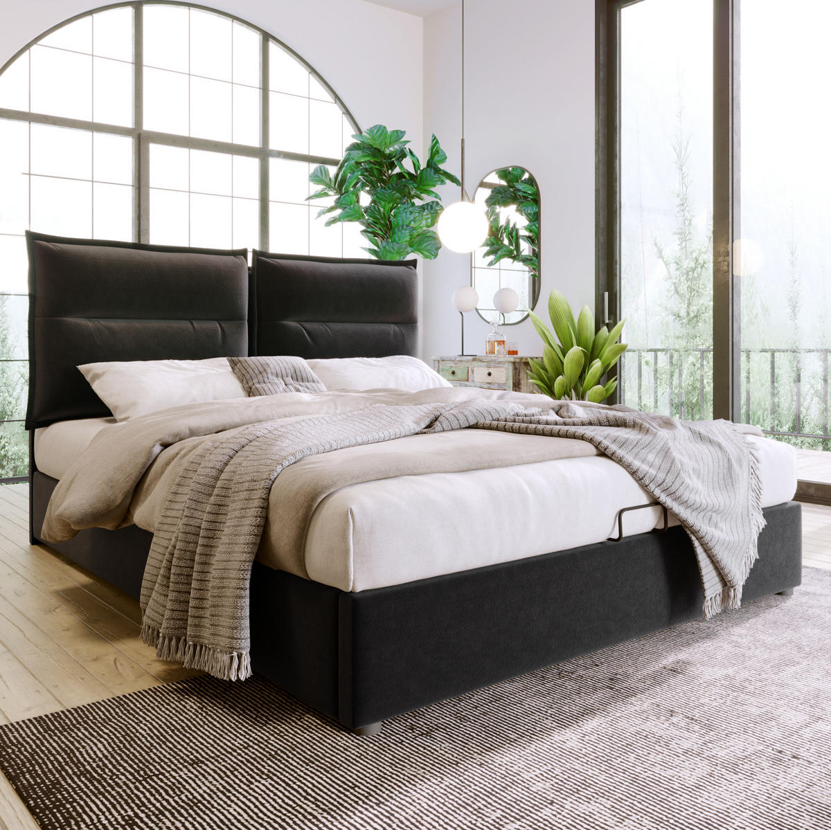 BRAČNI krevet 140/200 cm crni od baršuna s podesivim uzglavljem i spremištem - crna, tekstil (140/200cm) - OKWISH