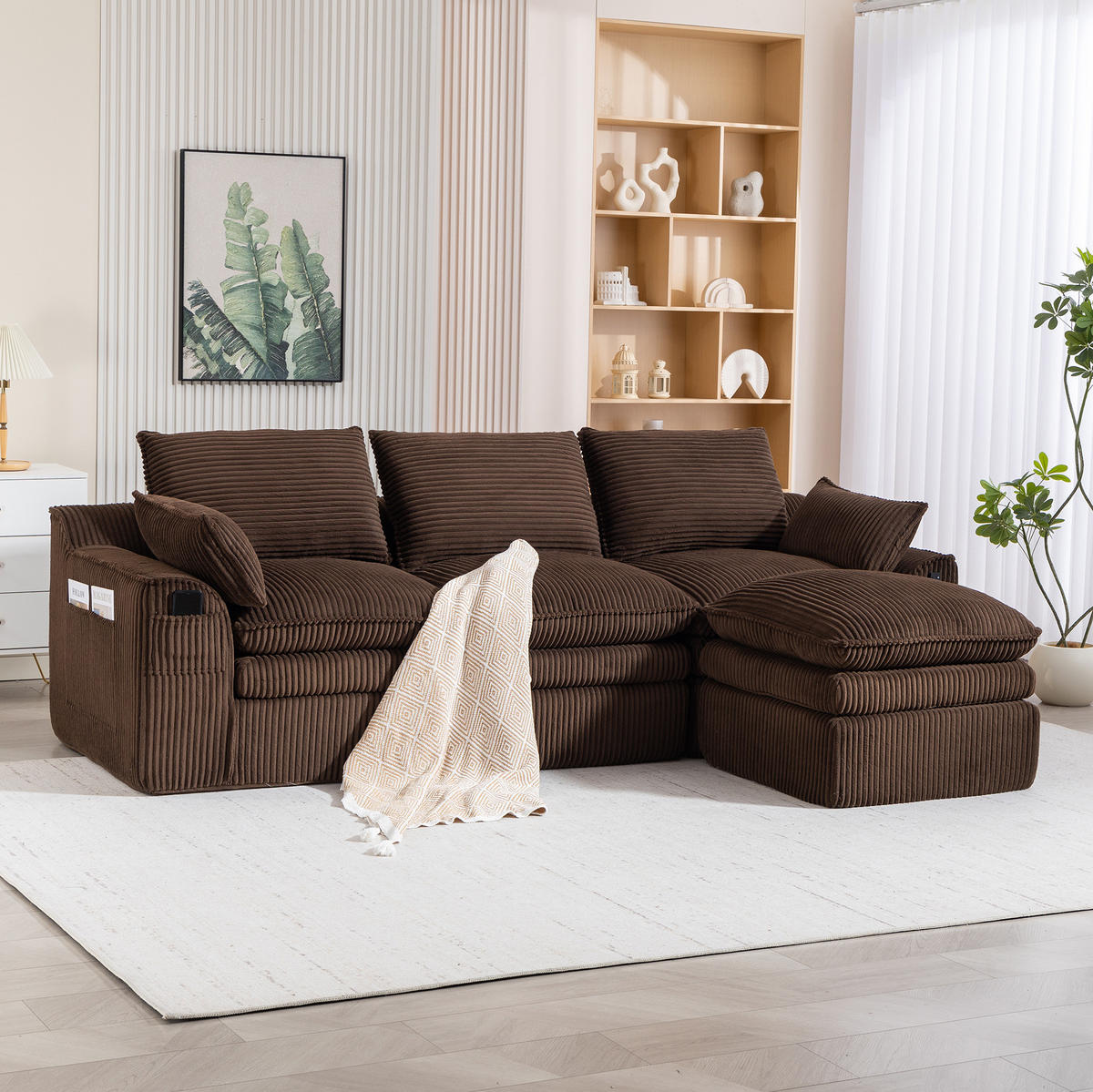 3-SITZER-KORDSOFA 263/167/85 cm mit Hocker, Kissen, Seitentaschen und Federkern, Braun - Braun, Textil (263/85/167cm) - Redom