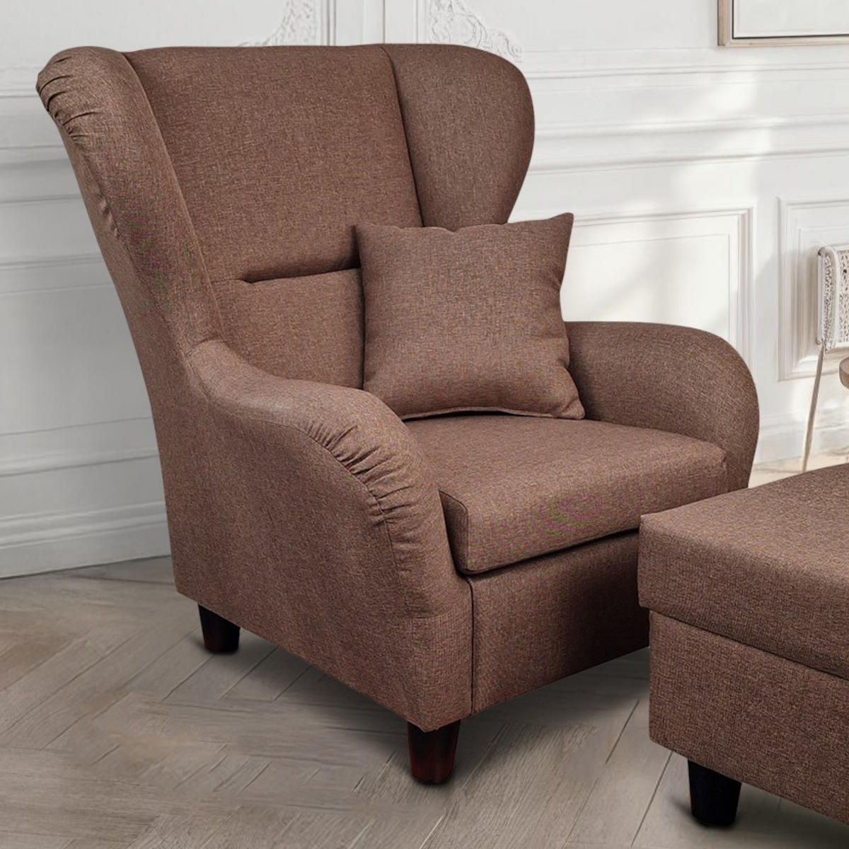 OHRENSESSEL mit HOCKER, hoher Sitzkomfort durch Wellenunterfederung B90/H98/T76 cm, Strukturstoff Braun / 18003 - Schwarz/Braun, Holz/Textil (90/98/76cm) - luma-home