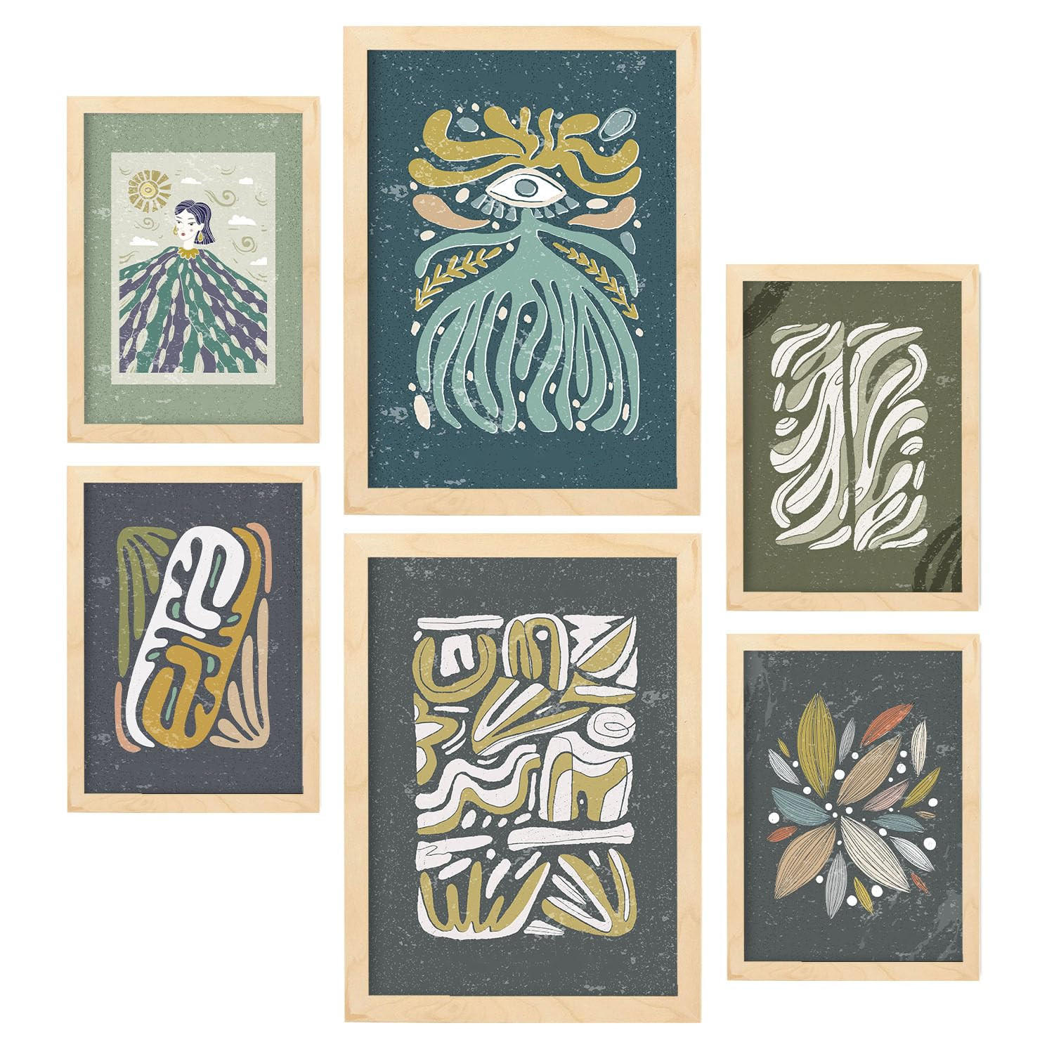 POSTER Set Mit 6 Drucken Mit Kalten Tönen In Der Sammlung Ethnischer Style Drucke Dekorative Für Zuhause Wandkunstdruck A3 & A4 Rahmen Aus Hellem Holz - Beige, Papier (29/3cm) - Nacnic