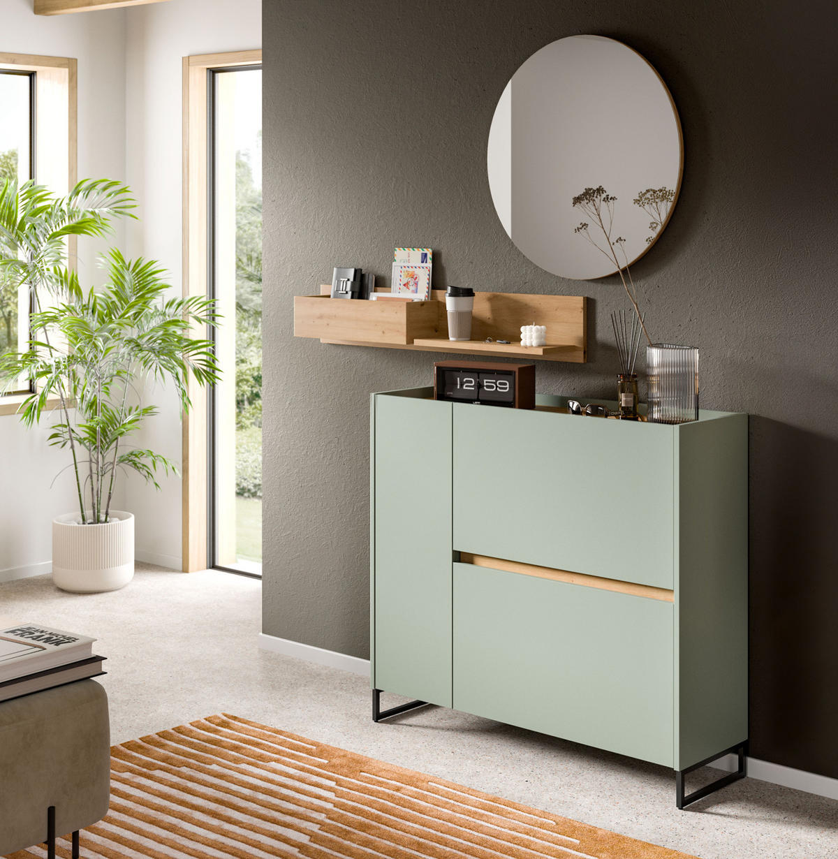GARDEROBE Set 3-teilig in Salbei und Artisan Eiche 140 x 197 cm, Soft-Close Borga - Salbeigrün/Schwarz, Holzwerkstoff/Metall (140/197/32cm) - Inn.Furn