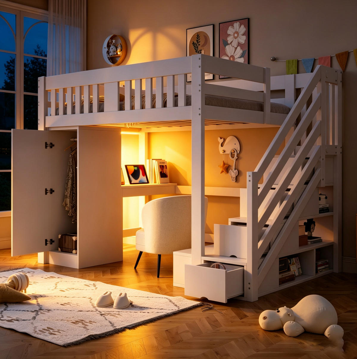 HOCHBETT 140/200 cm mit Stauraumtreppe, Kleiderschrank, Schreibtisch, LED-Beleuchtung und Bank, Weiß - Weiß, Holz (140/200cm) - Redom