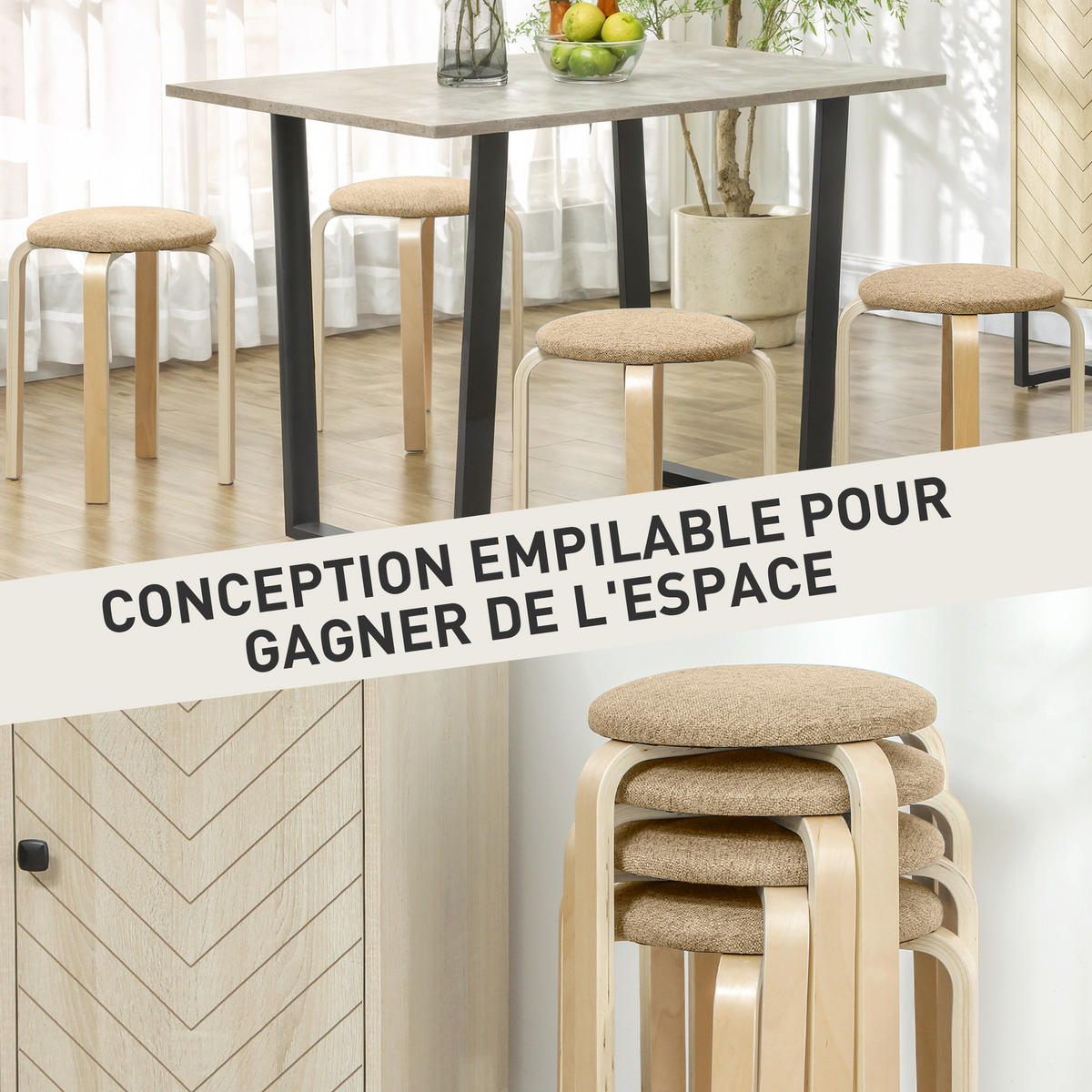HOCKER 4er-Set DE-13362 stapelbar & gepolstert Kaki - Mokka, Holz (40/45/40cm) - ComfortXL