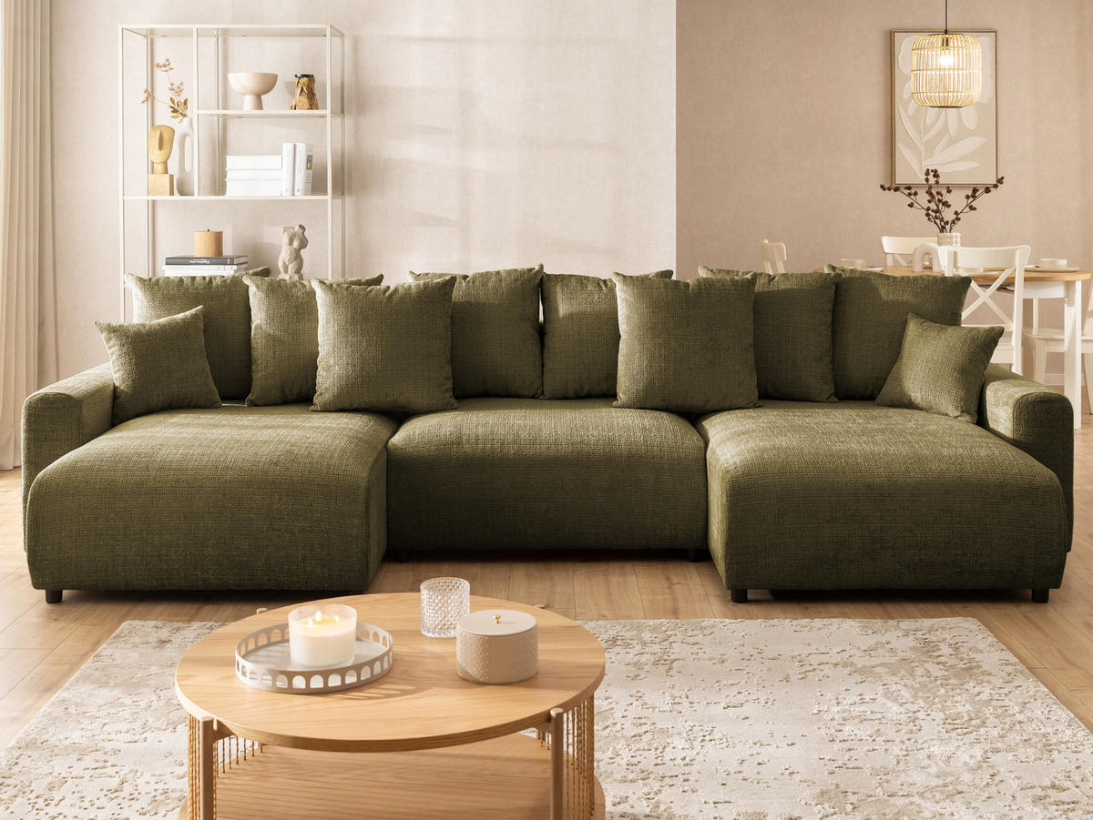 WOHNLANDSCHAFT Calma mit Schlaffunktion und Bettkasten im Bumpy-Design aus weichem Grün Chenille-Stoff - Schwarz/Grün, Holz/Kunststoff (336/88/140cm) - S-Style Möbel