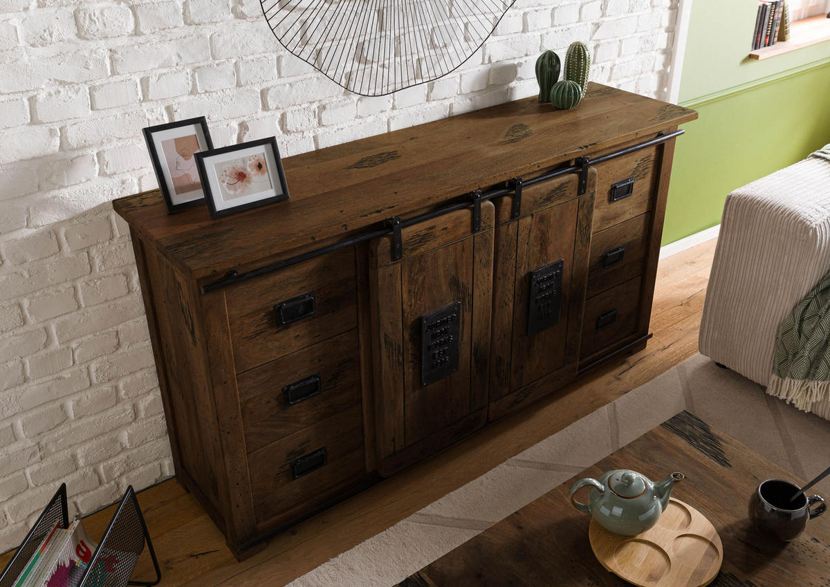 SIDEBOARD Mango 170x45x90 braun lackiert RAILWAY #493 - Braun, Holz (170/90/45cm) - Massivmoebel24