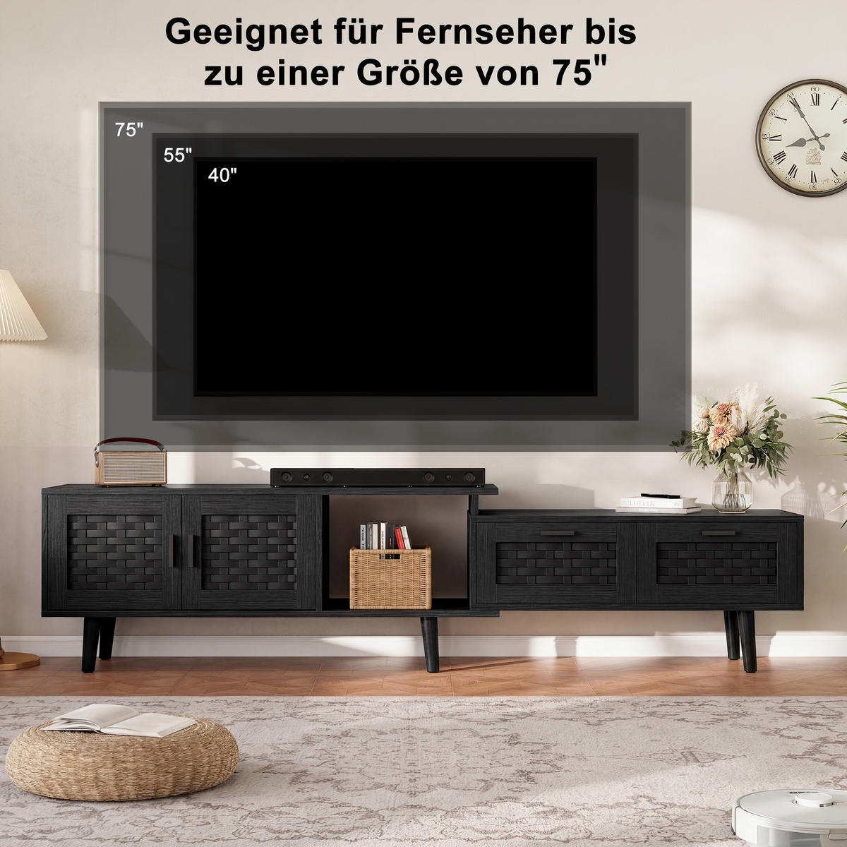 TV LOWBOARD ausziehbar 146–180 cm 2 Türen 2 Schubladen schwarz - Schwarz, Holz (180/44/29.8cm) - LEBENLANG
