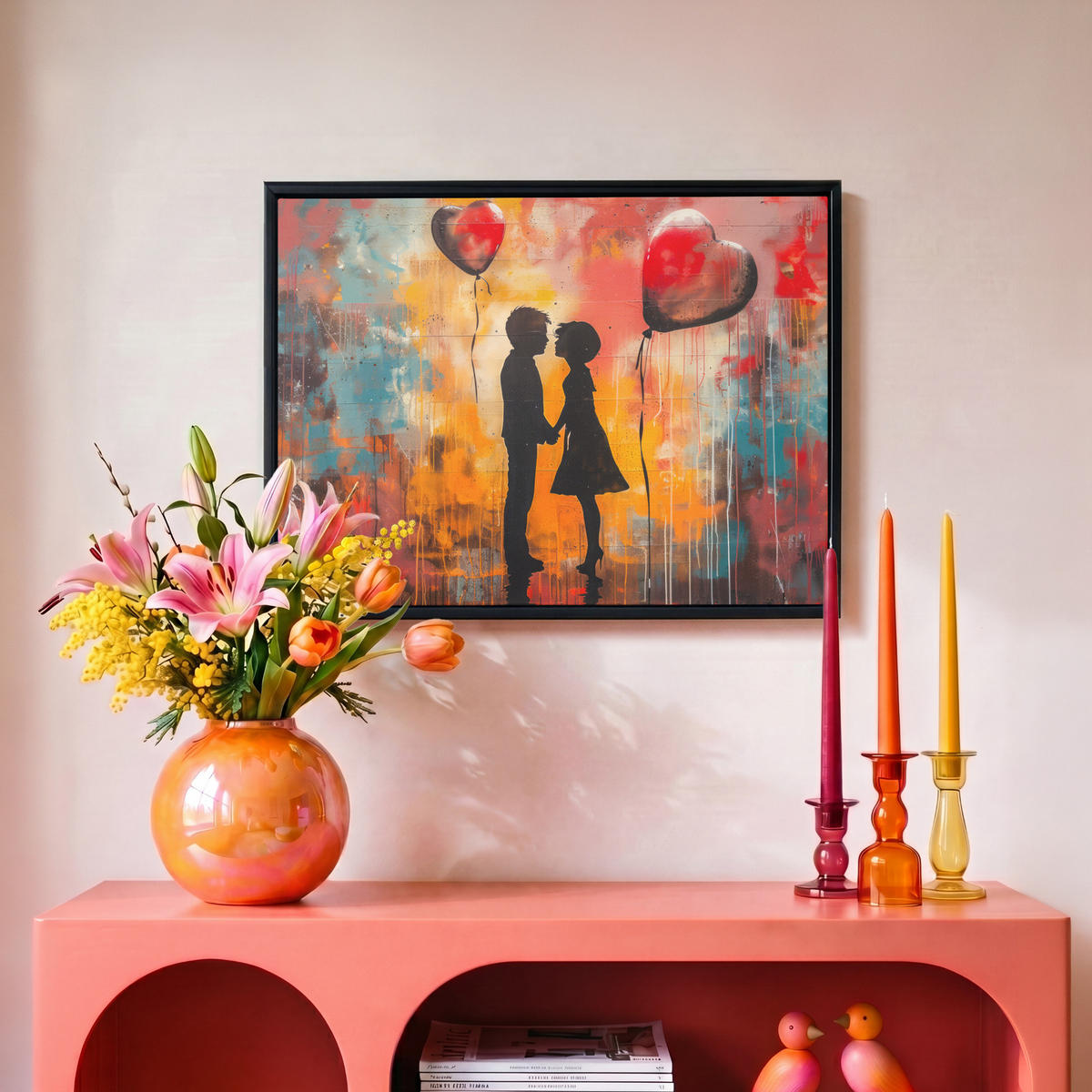 LEINWAND Bilder mit Rahmen - Straßenkunst - Liebe - Graffiti - Kunst - Banksy - 40x30 - Orange, Textil (40/30cm) - MuchoWow