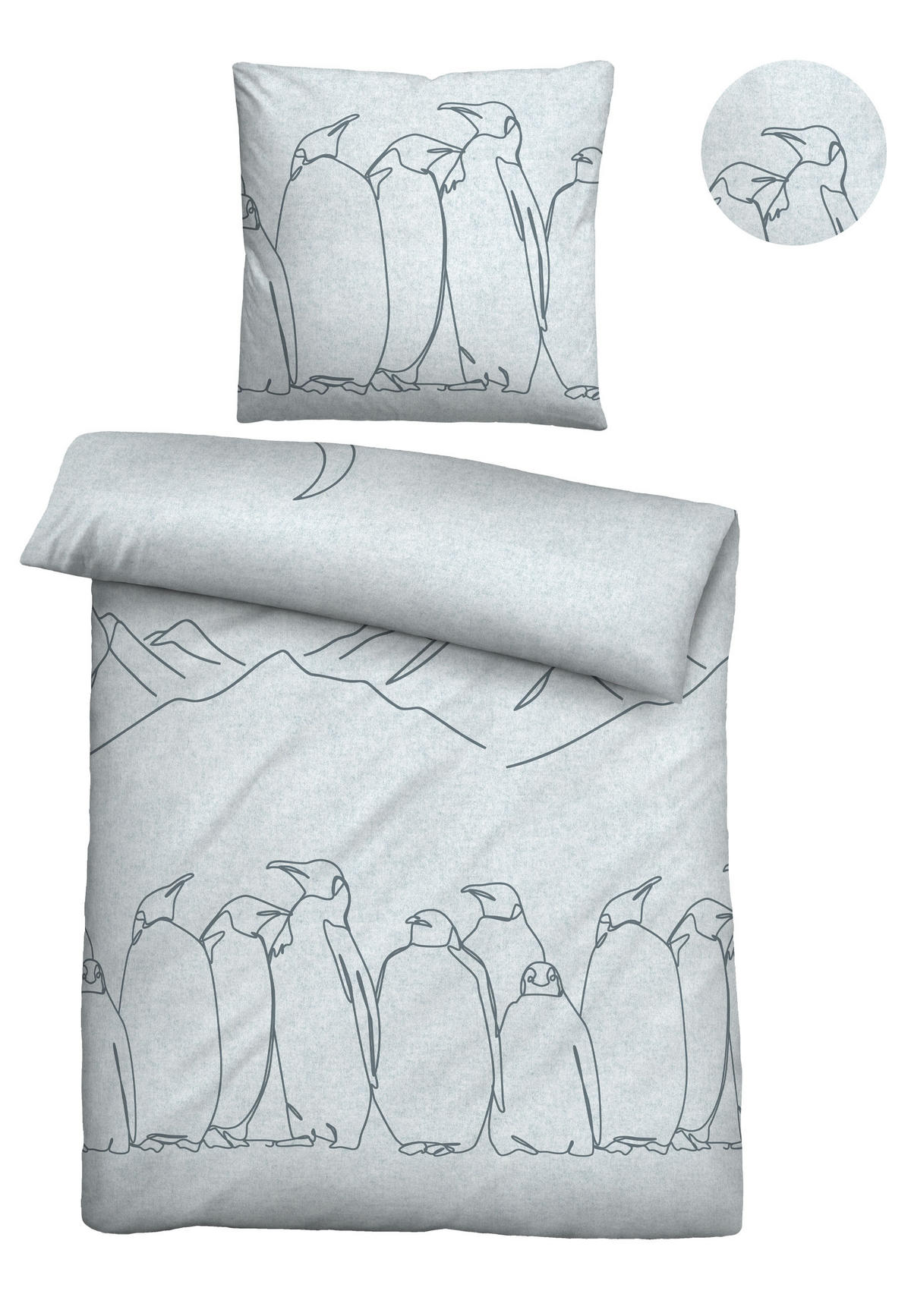 BETTWÄSCHE-GARNITUR Melange Pinguin ciel, 135x200 cm + 80x80 cm - Hellblau, Textil (135/200cm) - biberna