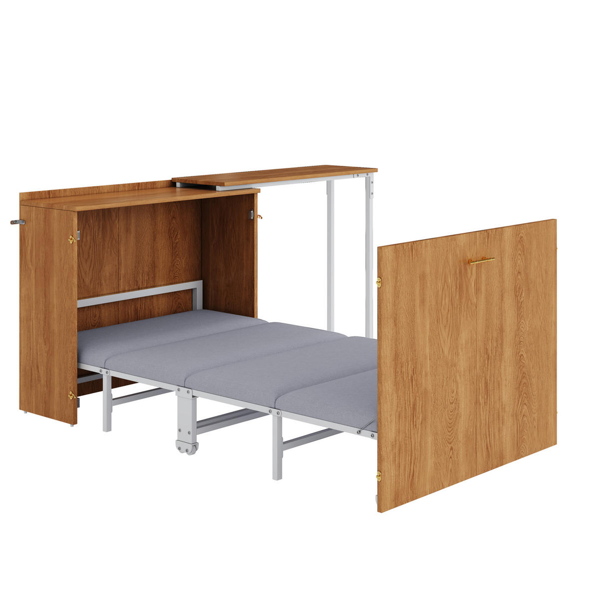 KLAPPBETT 90/200 cm mit drehbarem Schreibtisch, Rollen und Matratze, platzsparend, Natur - Naturfarben, Naturmaterialien (90/200cm) - Redom