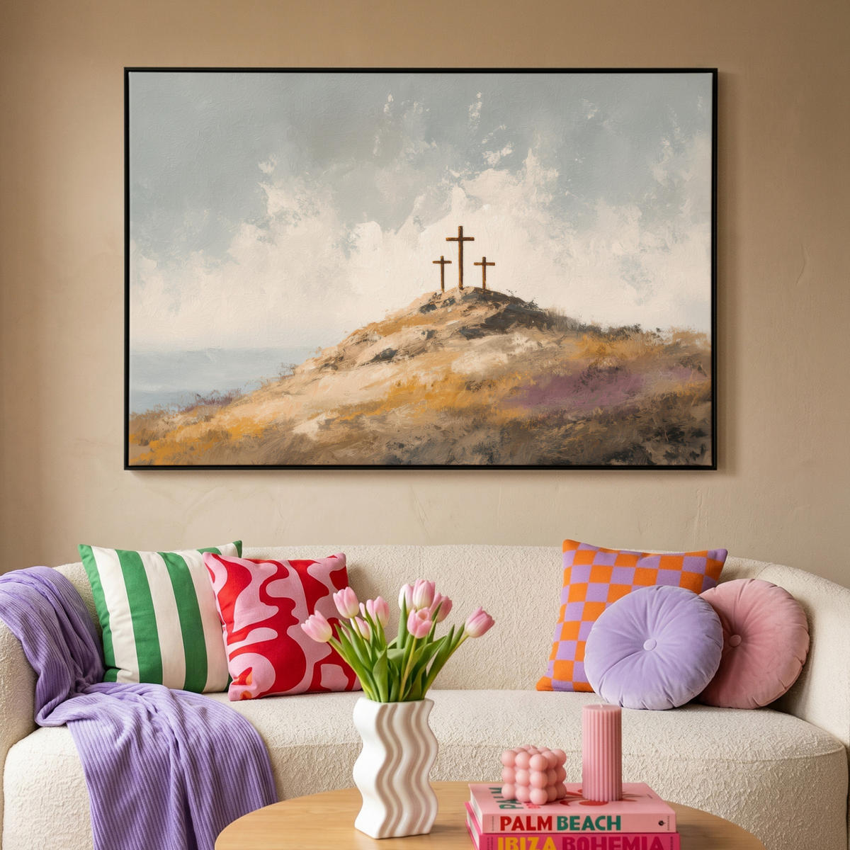 LEINWAND Bilder mit Rahmen - Hügel - Abstrakt - Christentum - Kreuz - 120x80 - Hellgrau, Textil (120/80cm) - MuchoWow