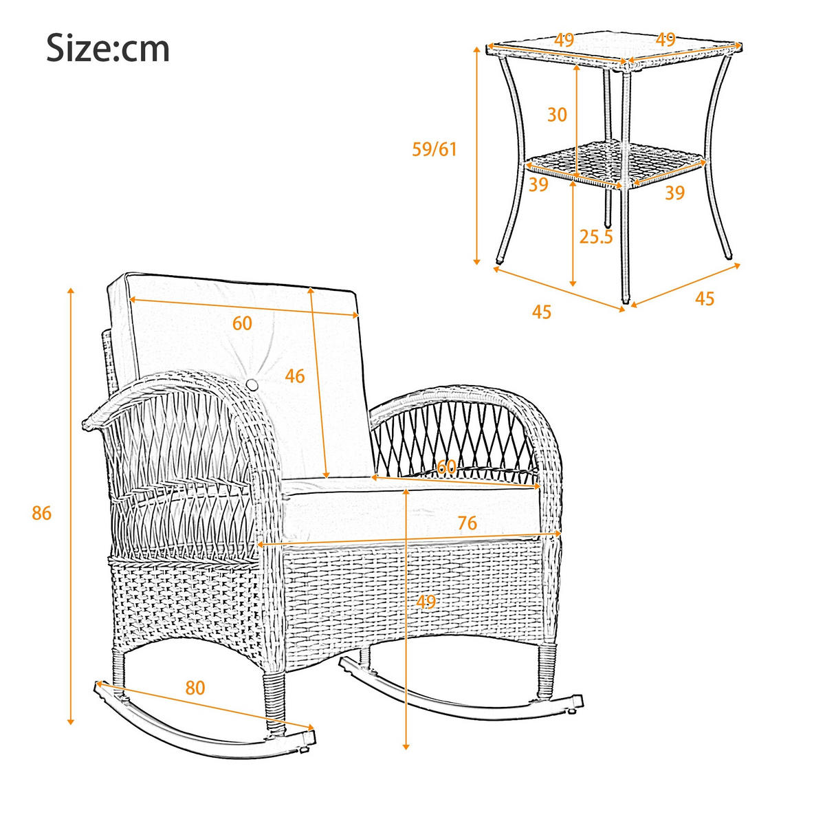 BALKONGARNITUR 3-tlg. mit 2 Schaukelstühlen und Glastisch, wetterfestes Rattan-Design, Beige - Beige, Metall - Redom