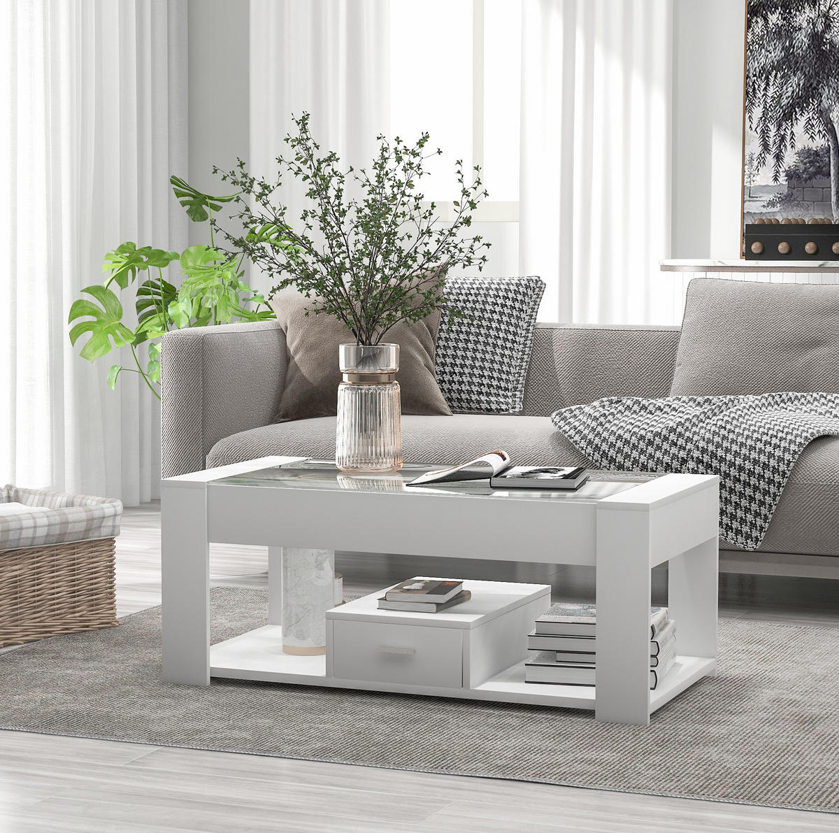 COUCHTISCH aus Spanplatte 100x50x40 cm Weiß mit Glasplatte, 2 Schubladen und Stauraum - Weiß, Holzwerkstoff (100/50/40cm) - IVMEU