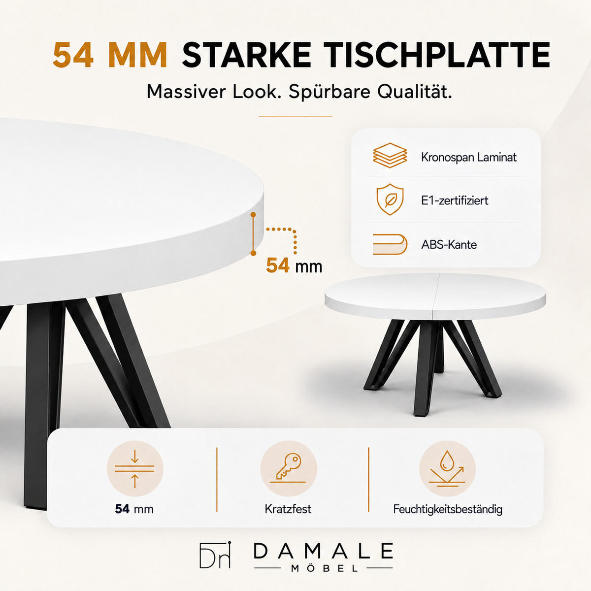 ESSTISCH rund ausziehbar 110/210/76 cm, Weiß, 54 cm Tischplatte + Industrial Metallgestell Schwarz - Schwarz/Weiß, Holzwerkstoff/Metall (110/210/76cm) - Damale Möbel
