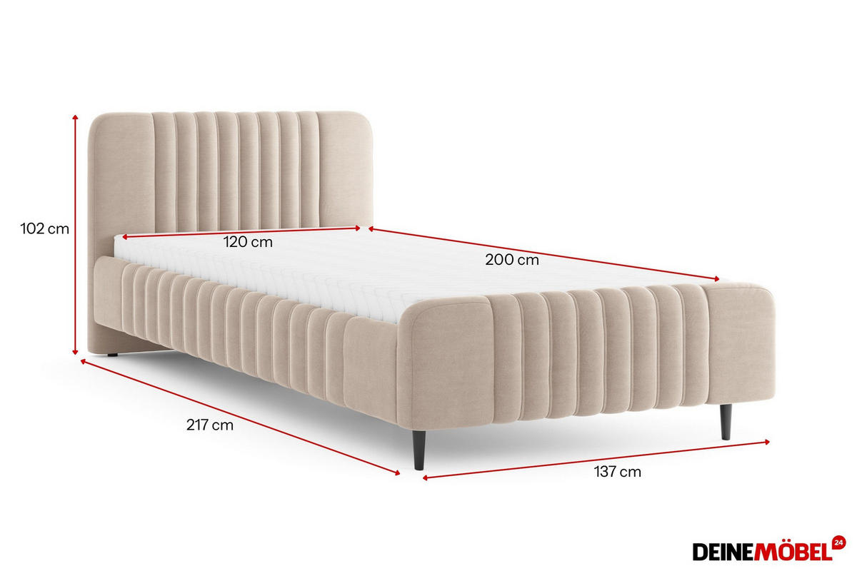 POLSTERBETT AURO 12 120/200 cm in Velours Beige - Beige, Holzwerkstoff (120/200cm) - Deine Möbel 24