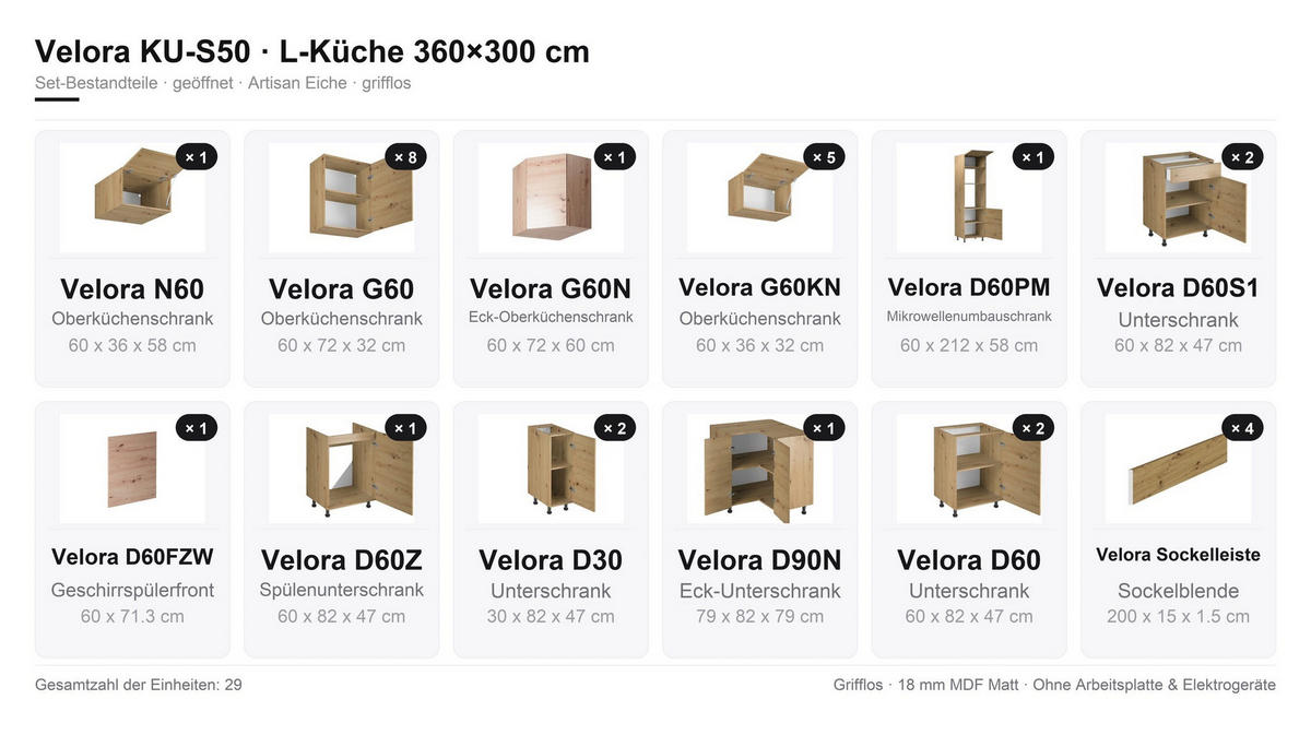 WINKELKÜCHE 360 x 300 cm VELORA – KU-S50 – Eiche Artisan - Eiche Artisan, Holzwerkstoff (360/248/300cm) - hi-markt