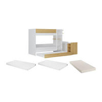 ETAGENBETT mit zusätzlichem Ausziehbett & 2 Schreibtischen + Matratzen - 3 x 90 x 190 cm - Weiß & Holzfarben - DOMATI - Naturfarben/Weiß, Holz (100.4/196cm) - Vente-Unique