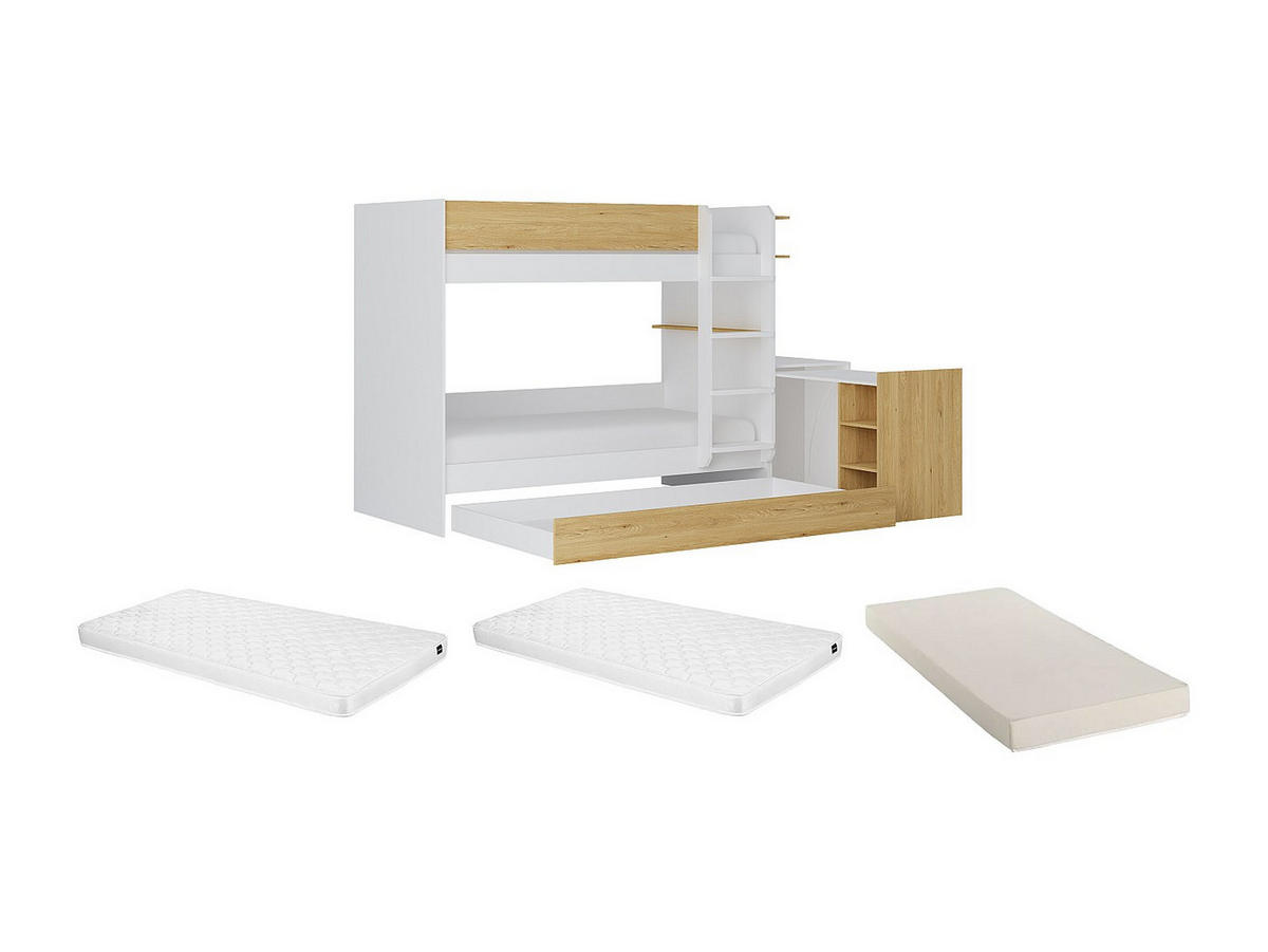 ETAGENBETT mit zusätzlichem Ausziehbett & 2 Schreibtischen + Matratzen - 3 x 90 x 190 cm - Weiß & Holzfarben - DOMATI - Naturfarben/Weiß, Holz (100.4/196cm) - Vente-Unique