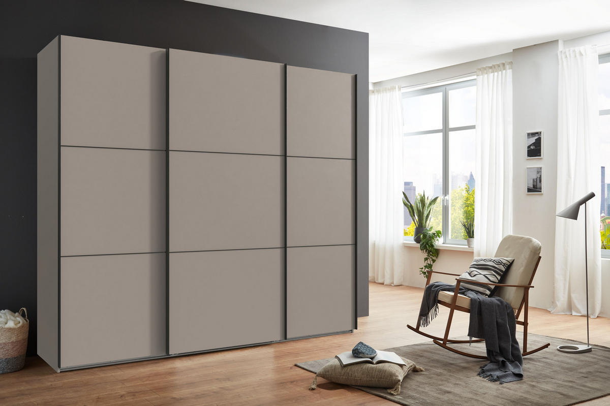 SCHWEBETÜRENSCHRANK 3-türig B250/H216/T65 cm inkl. Vollausstattung in Sand Grau / 22011 - Sandfarben/Schwarz, Holzwerkstoff/Metall (250/216/65cm) - luma-home
