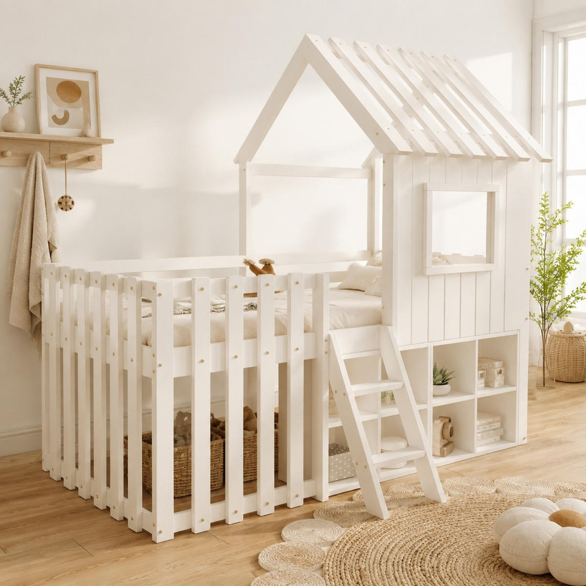 HAUSBETT 90/200 mit Dach, Fenstern und Stauraum in Weiß - Weiß, Holzwerkstoff (90/200cm) - EVRYAE