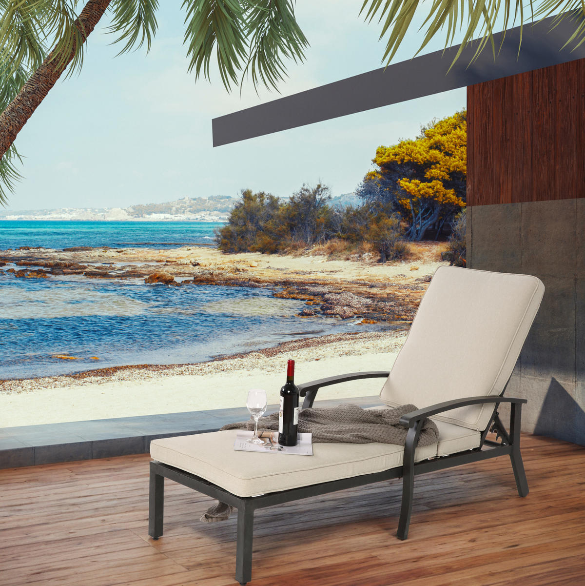 GARTENLIEGE 204/58/100 cm beige aus Aluminium mit Kissen - Beige, Metall (58/100/204cm) - OKWISH