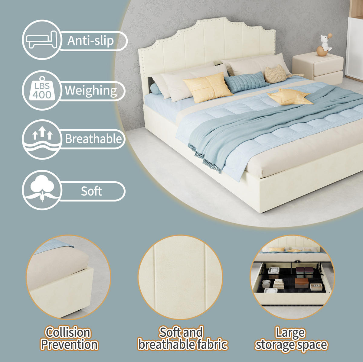 POLSTERBETT 160/200 cm mit geometrischem Kopfteil und Bettkasten, Beige - Beige, Textil (160/200cm) - Redom