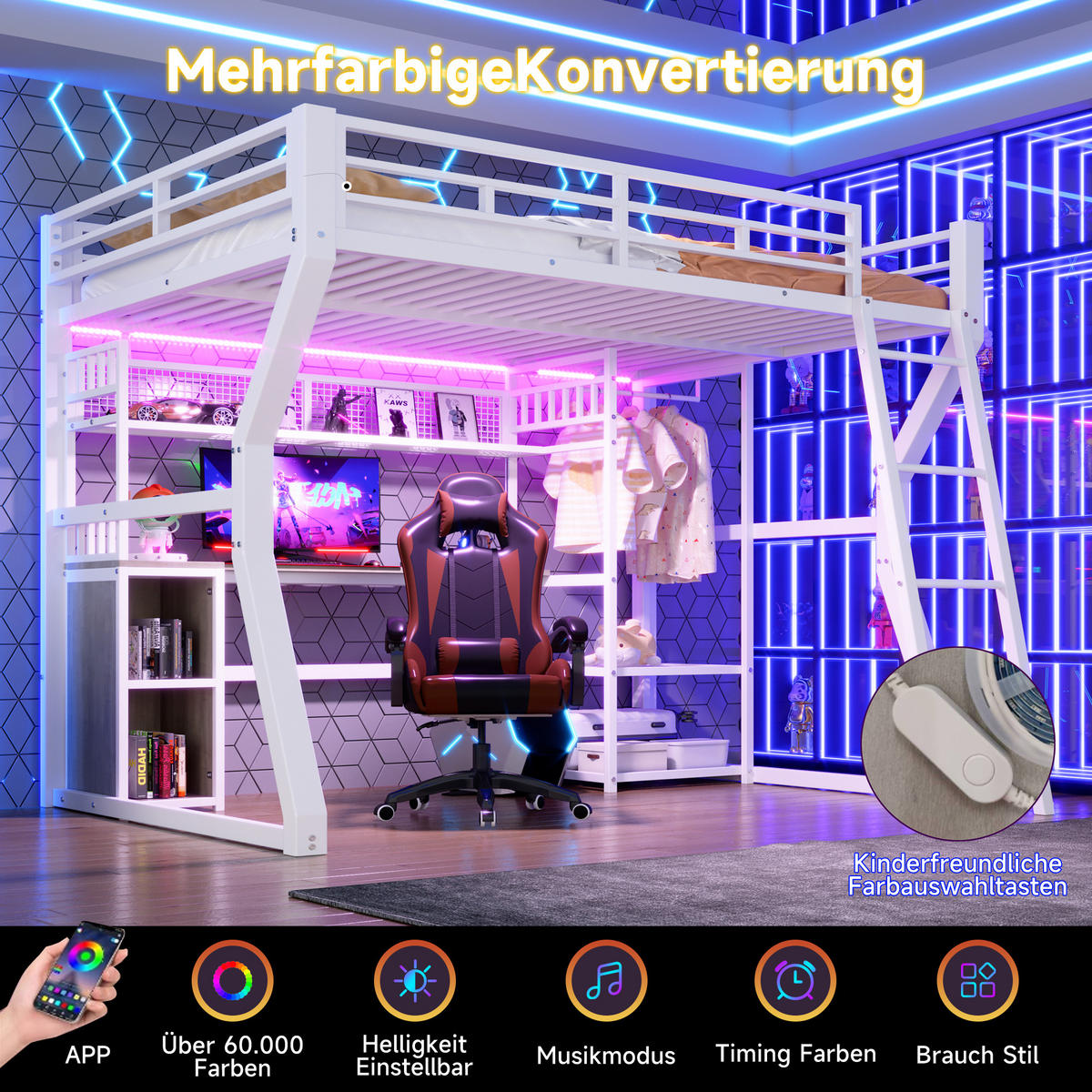 HOCHBETT 140/200 cm in Weiß mit Lichtleiste, Steckdose, Schreibtisch und Staufächern - Weiß, Holzwerkstoff/Metall (90/200cm) - STILVORA