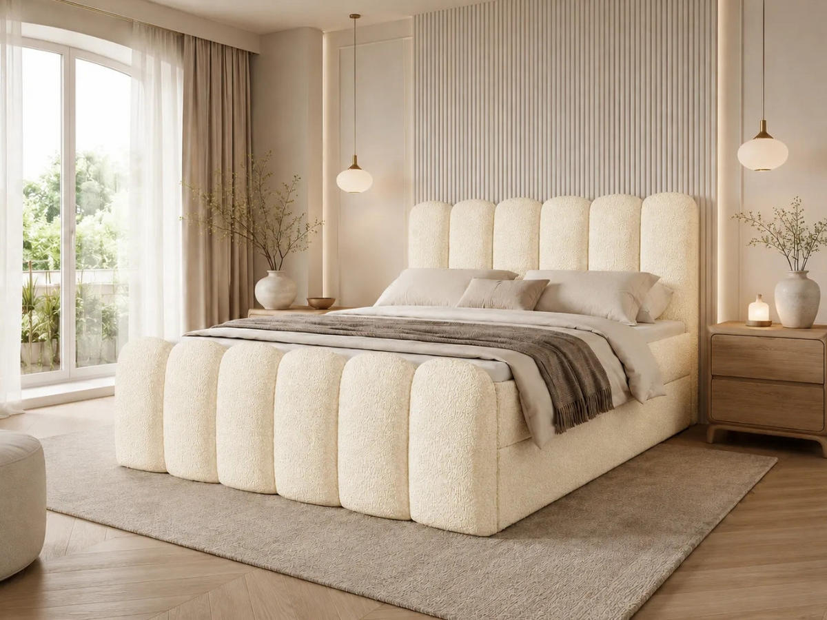 BOXBETT CUDDLE 140x200 cm in Beige, Bettkasten, Topper, Bouclé-Stoff - Beige, Holz/Textil (140/200cm) - EMLAR Home