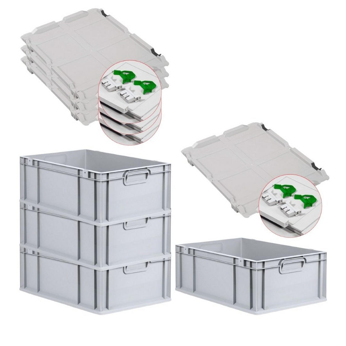 EUROBOX 4x Nextgen Economy Mit Scharnierdeckel Grau/GrünGriffe Geschlossen 44 Liter - Grün, Kunststoff (40/22/60cm) - PROREGAL