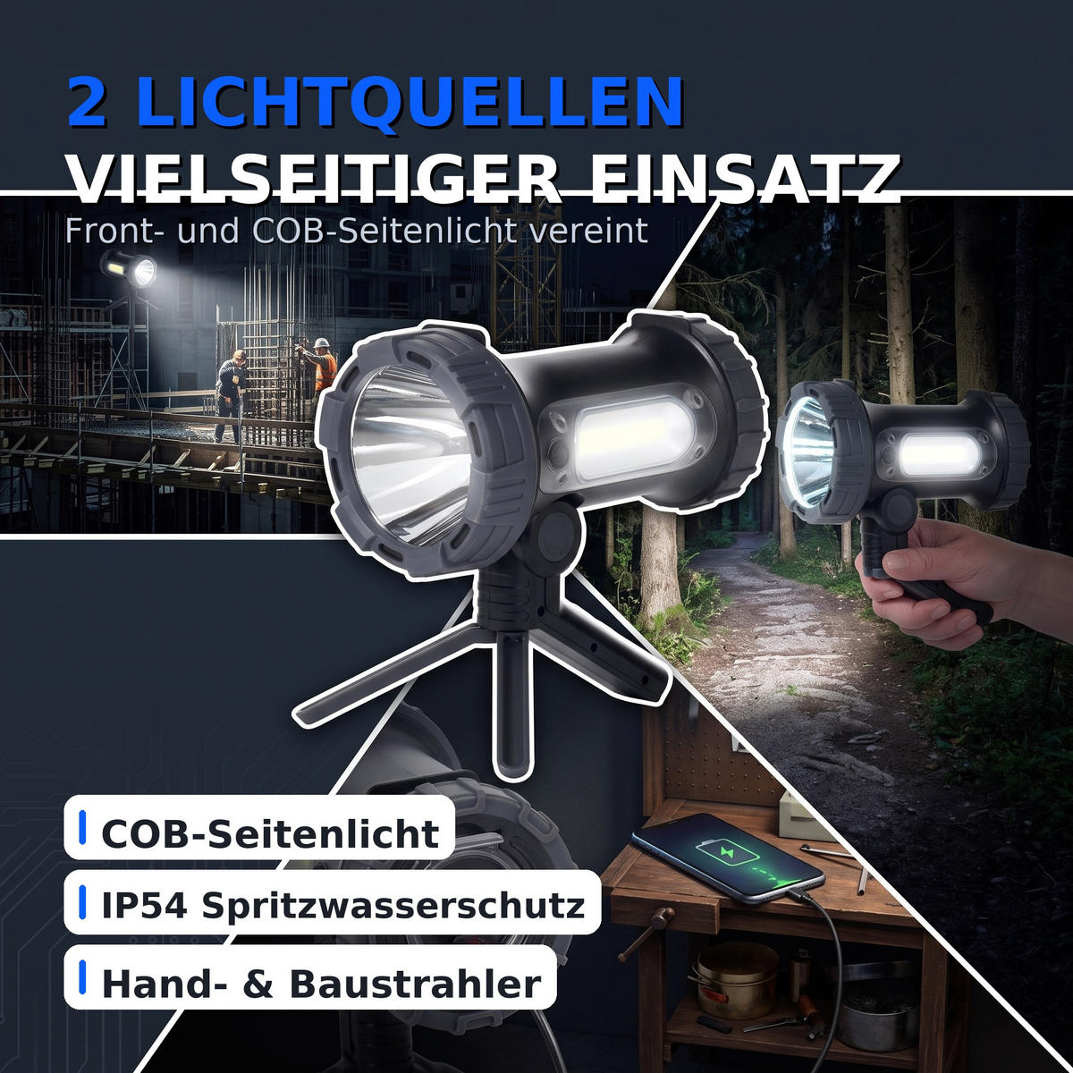 LED-AKKU-HANDSTRAHLER Northpoint 10W Taschenlampe Baustrahler 4400mAh Powerbank Standfuß IP54 - Schwarz, Kunststoff (16.2/4.7/11.6cm) - Northpoint