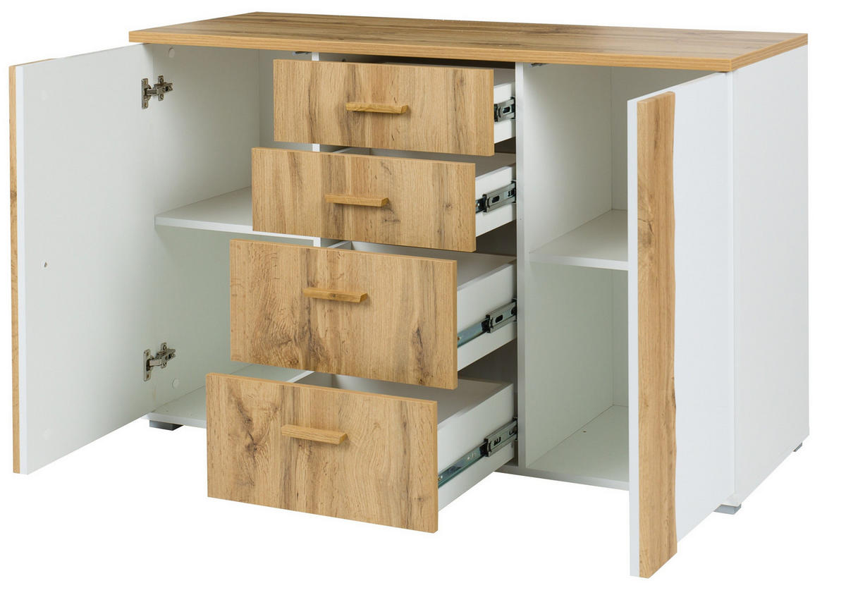KOMMODE OSVIN 130/82/45cm mit 4 Schubladen 2 Türen Eiche Wotan - Eiche Wotan/Weiß, Holzwerkstoff (130/82/45cm) - MASSENO