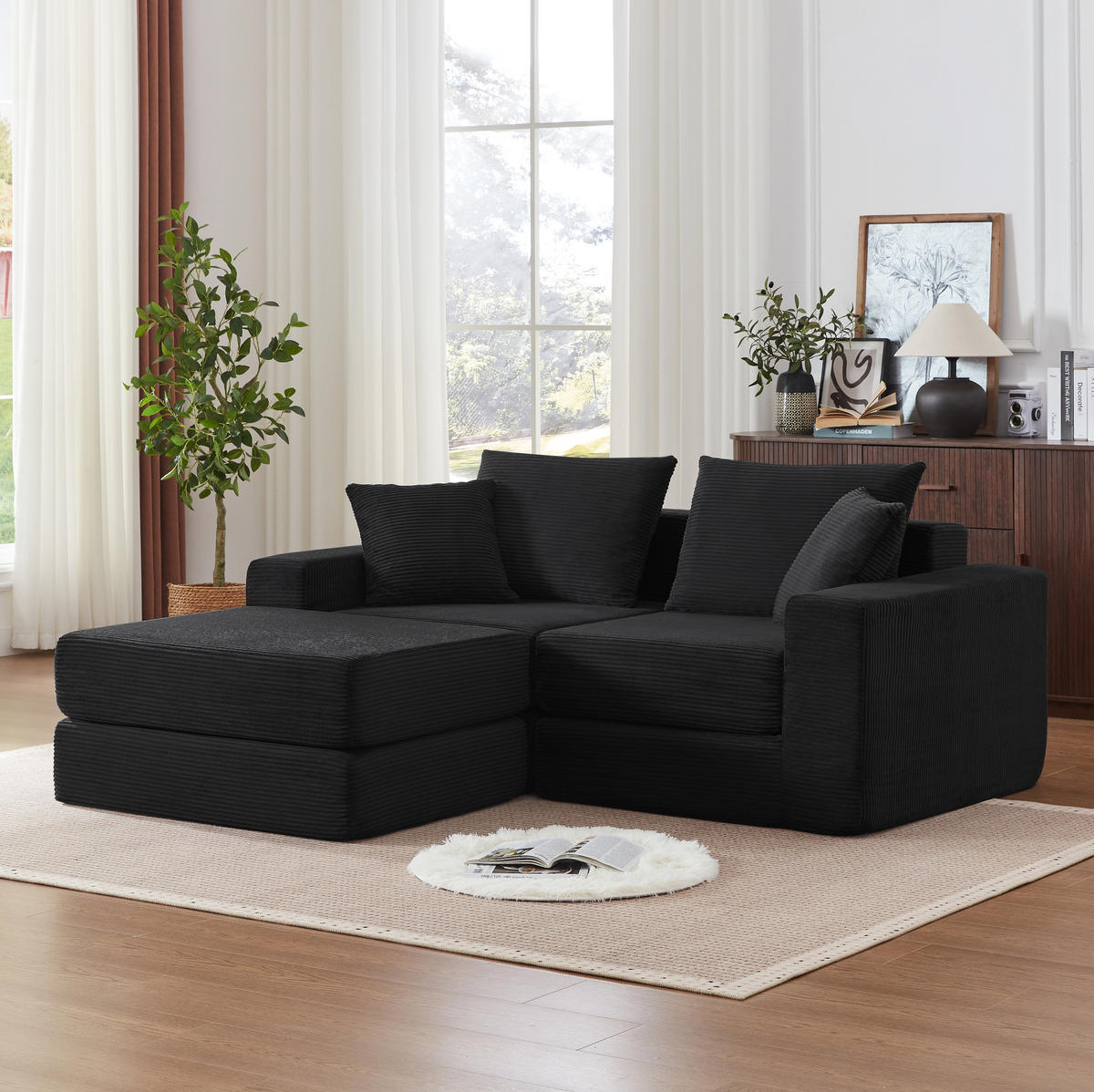 SOFA modular 2-Sitzer Cord Schwarz - Schwarz, Kunststoff (96/259.5cm) - Meubliv