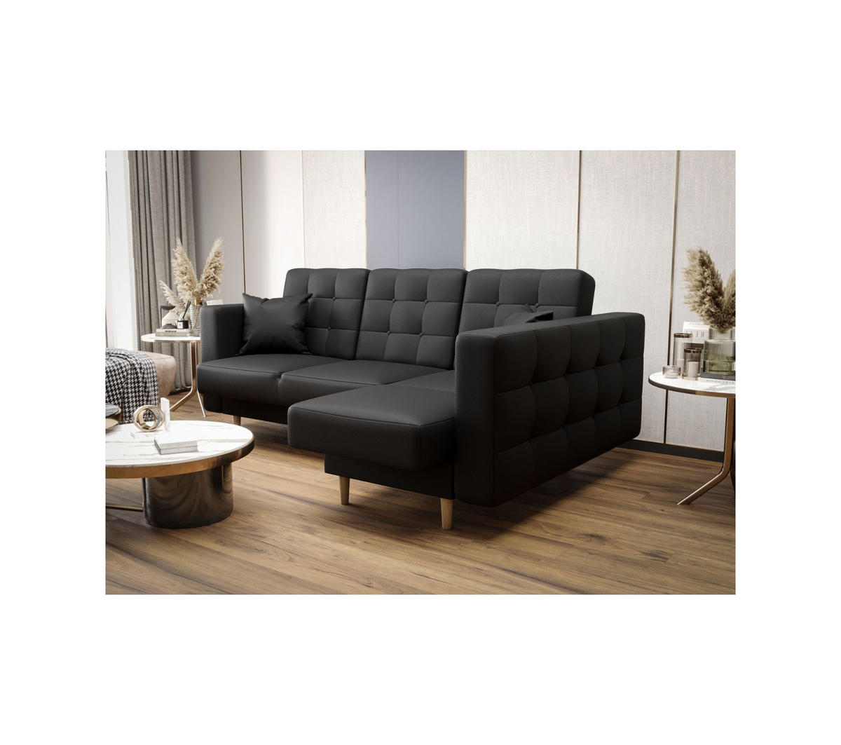 ECKSOFA KONGO RBN12, Eckcouch in L-Form mit Schlaffunktion, Farbe: Schwarz, Kunstleder, Ottomane Rechts - Schwarz, Textil (225/158cm) - O-Sofa