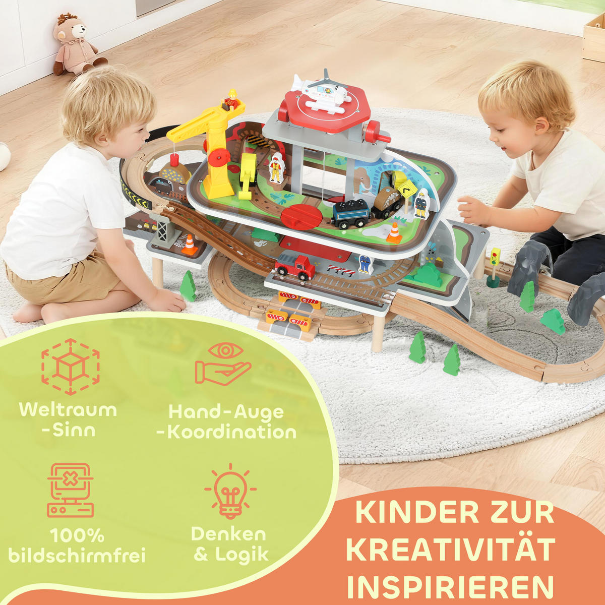 HOLZEISENBAHN-SET Buchenholz MDF Naturholz - Multicolor, Holz (40.5/41/99cm) - AIYAPLAY