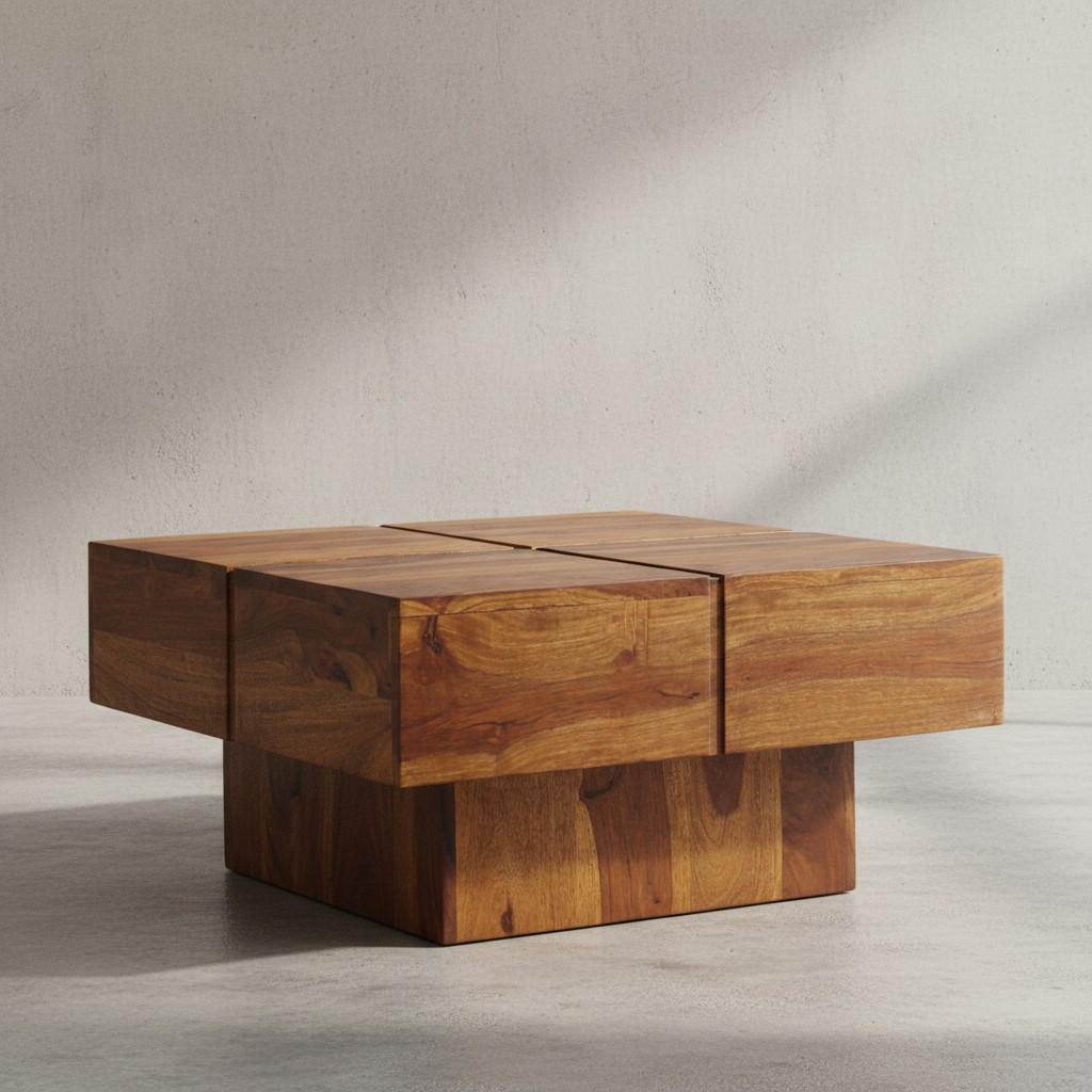 COUCHTISCH Quadrat in Sheesham Massivholz, Modernes Rillenmuster, Maße 57,5x57,5x30 cm - Braun, Holz (58/58/30cm) - KADIMA DESIGN