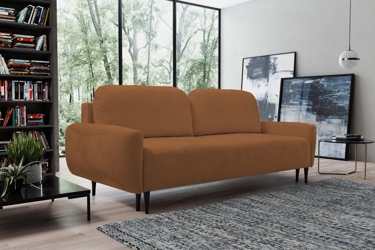 SOFA BOHO Mit Schlaffunktion Und Bettkasten, Wellenfederung, PUR-Schaum, Holzfüße, lose Rückenkissen, freistehend, 244x102x92 cm Copper - Kupferfarben, Holz/Textil (244/92/102cm) - DomoHome