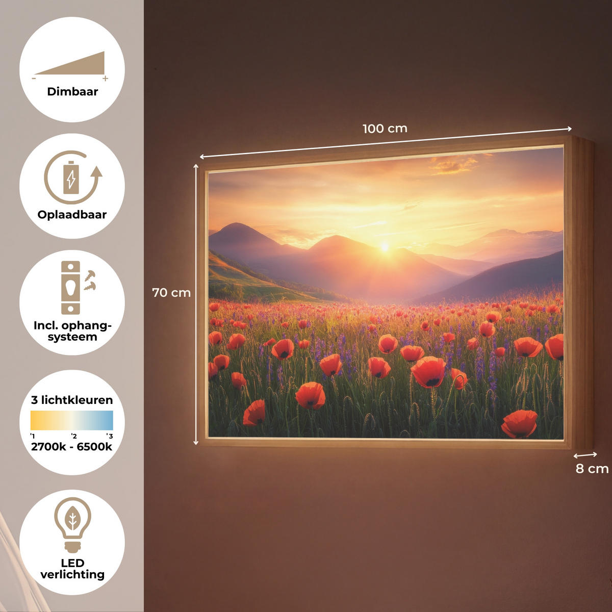 WANDLEUCHTE MIT AKKU Landschaft - Sonnenuntergang - Blumenfeld 100x70 cm - Rot, Holzwerkstoff (100/70/8cm) - OnlyWow